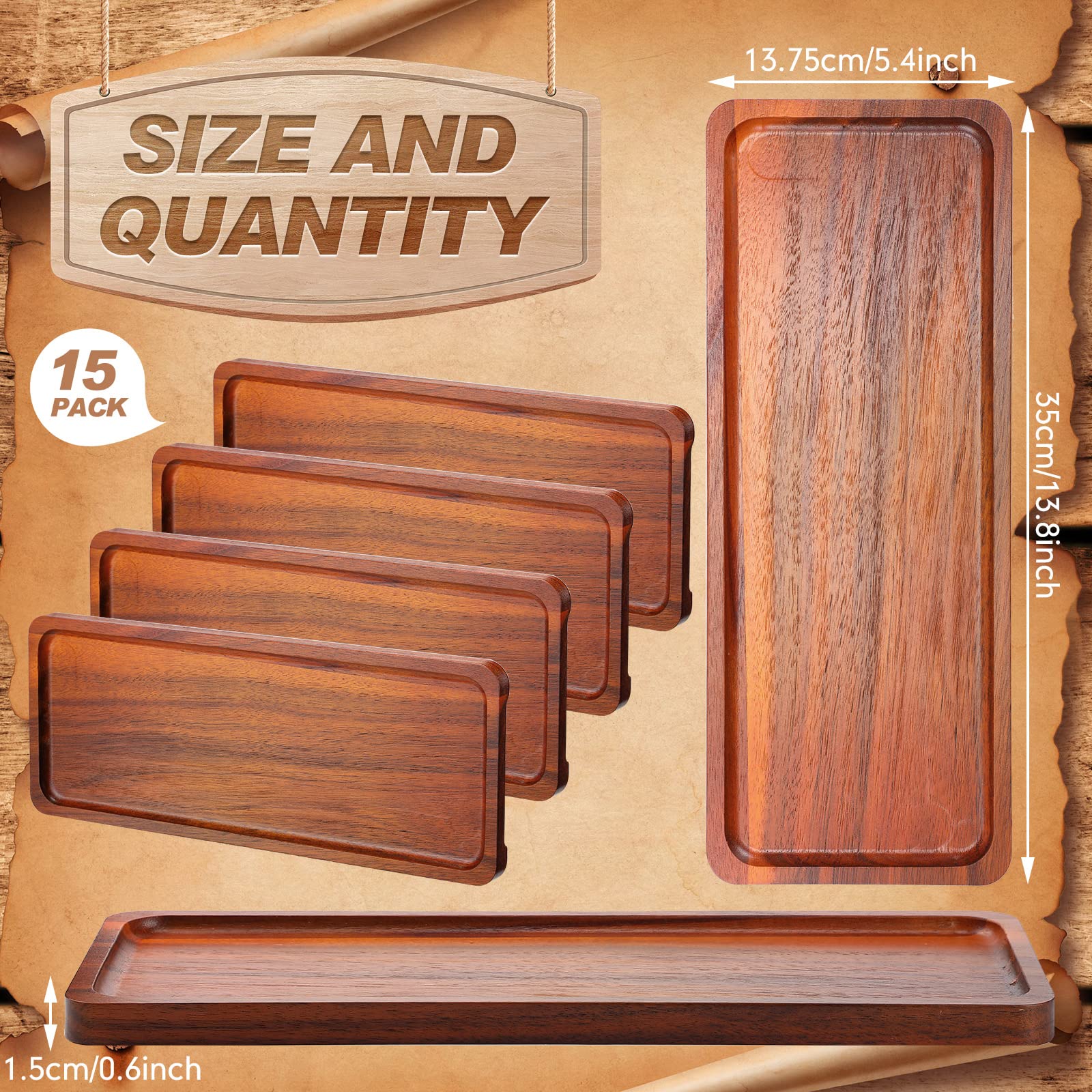 Skylety 15 Pack Solid Wood Serving Tray Large Acacia Party Server Platter Rectangular Charcuterie Board With Grooved Handle For