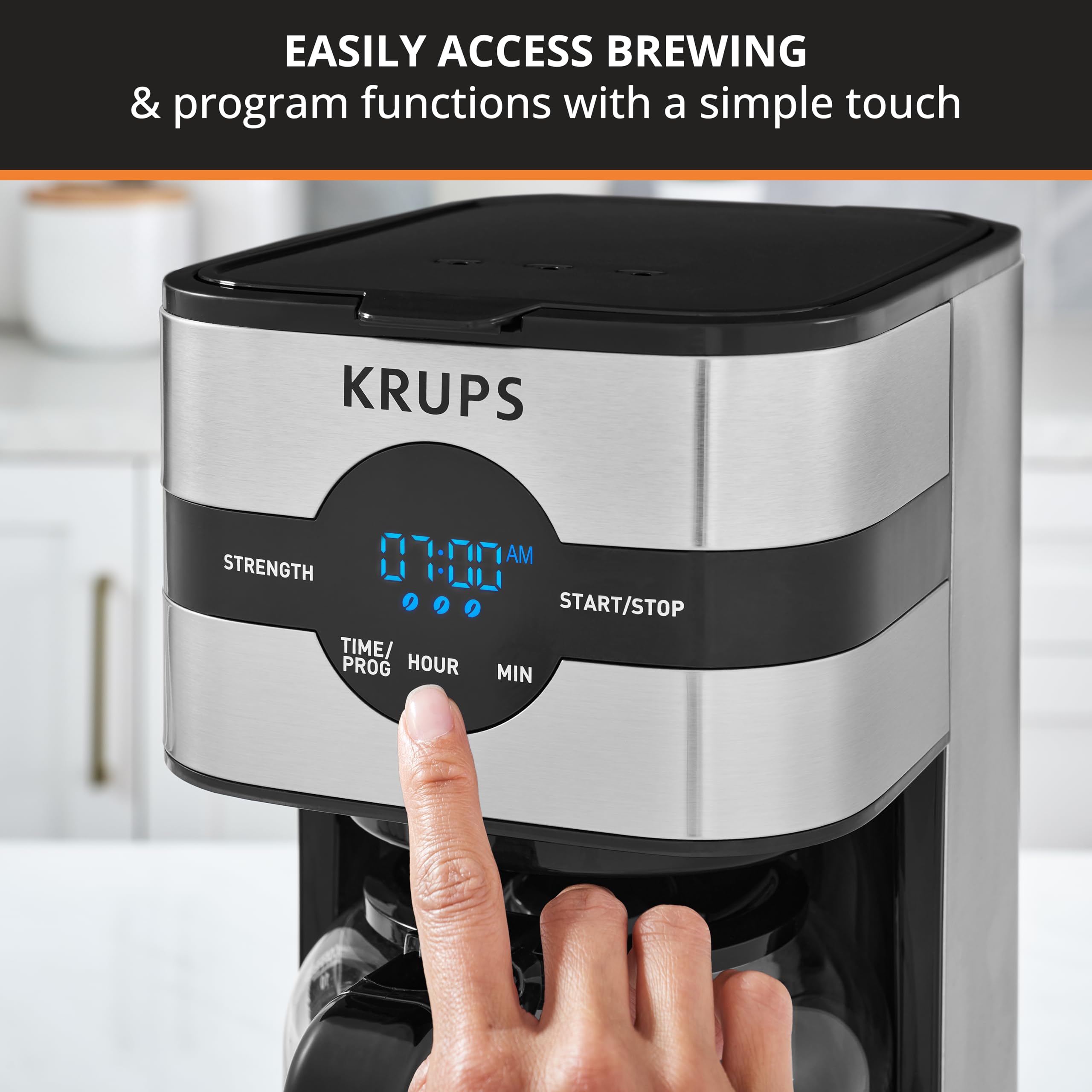 KRUPS 10-Cup Digital Coffee Maker, Stainless Steel & Black, Model 10942227700, Drip Free, Dishwasher Safe Pot, 900 Watts