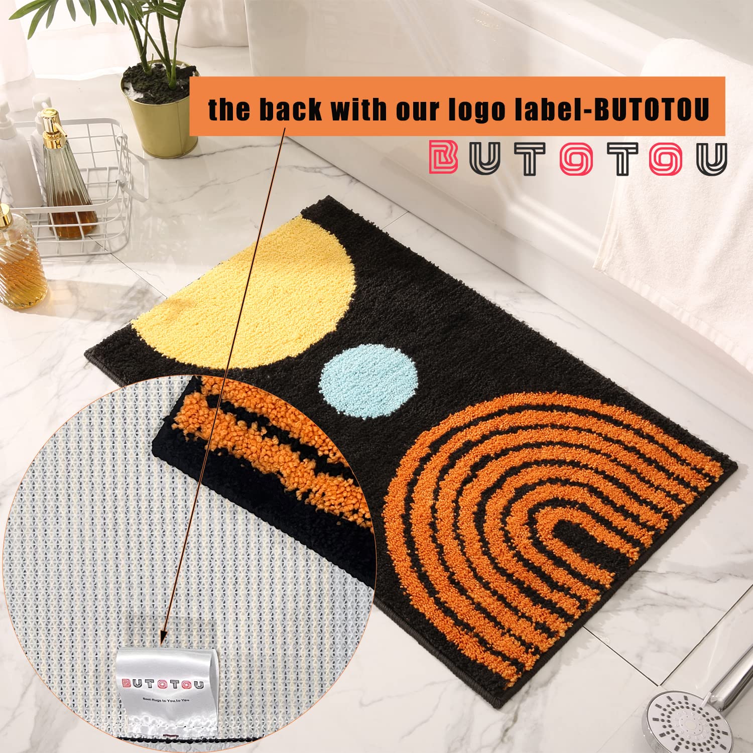 Dbjoy Boho Bathroom Rugs Non-Slip Abstract Bath Rugs Microfiber Cute Mat Black Washable For Tube/Washbasin/Toilet (Black-Moon, 2
