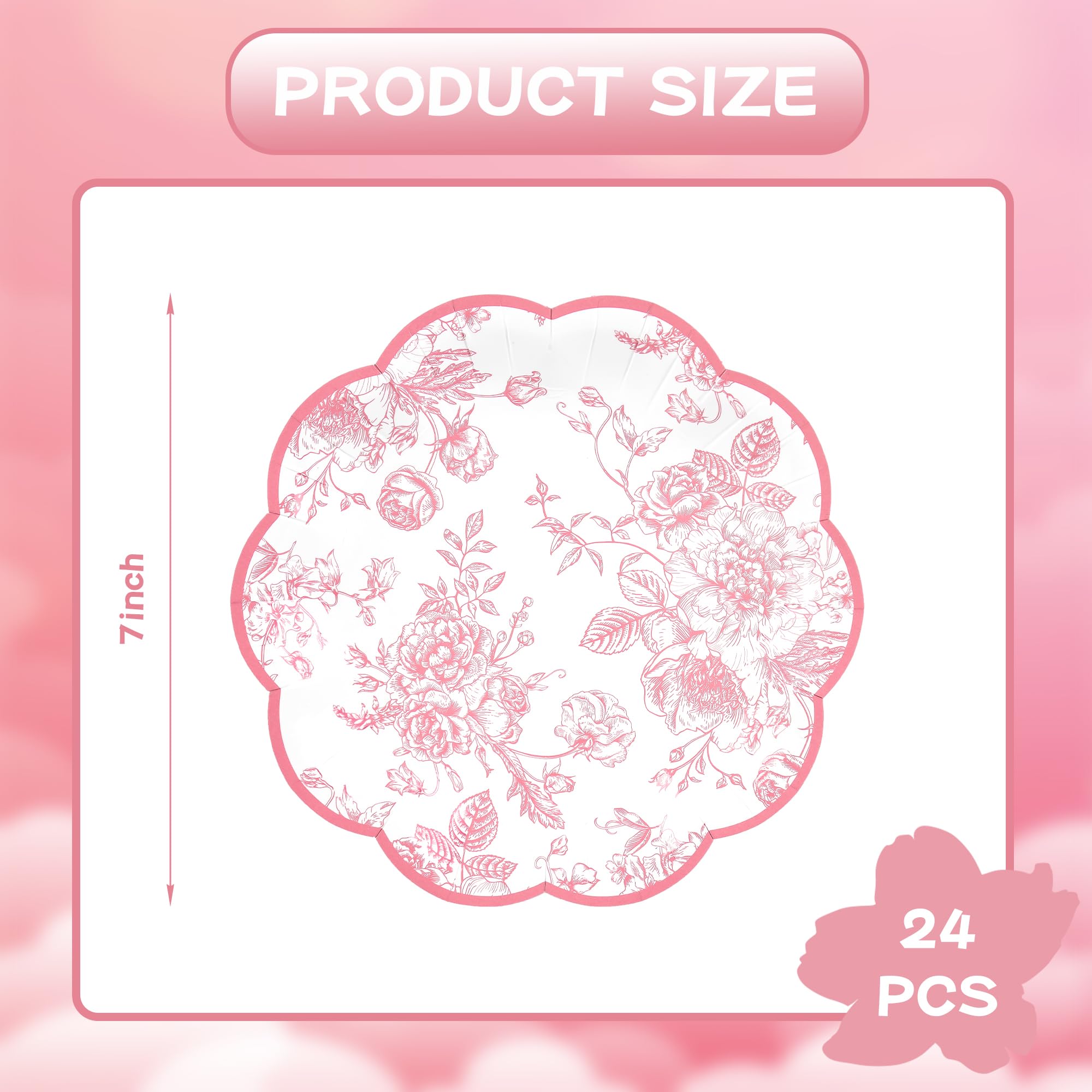 Elyxio Pink Floral Party Plates Vintage Floral Leaf Disposable Paper Plates Wildflower Pink Toile 7'' Scalloped Rim Dessert Plat