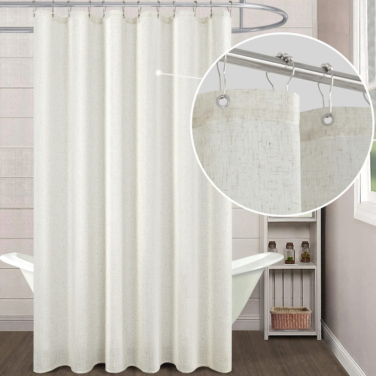 Koufall 80 Inch Long Shower Curtain,Natural Linen Waterproof Farmhouse Fabric Shower Curtains For Bathroom With Hooks Set,72 Wid