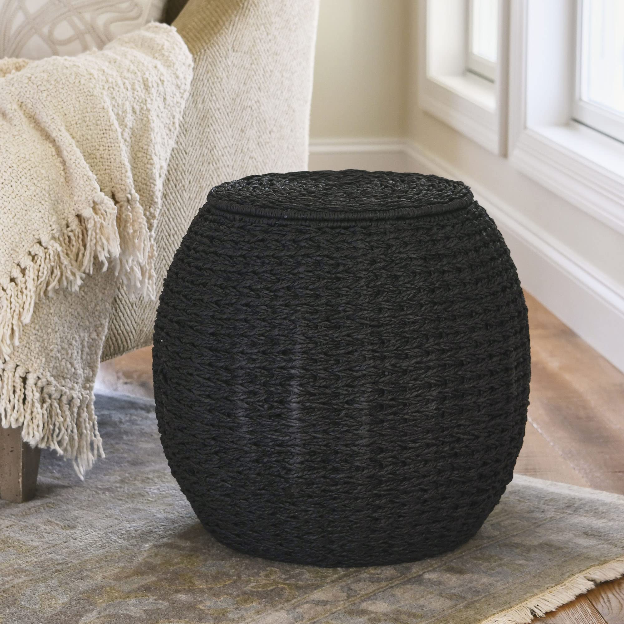 Household Essentials Handwoven Paper Rope Barrel Wicker Storage Basket Side Table, Black