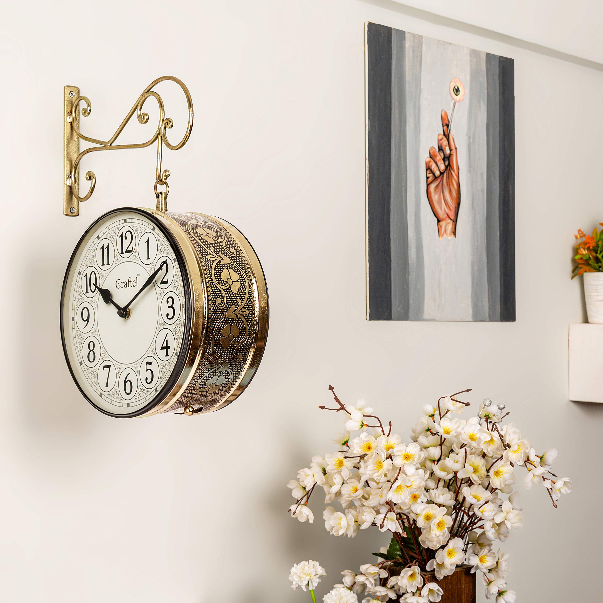 CRAFTEL Metal Analog Double Sided Vintage English Roman Station Wall Clock with Brass in dial (Golden_10 Inches)