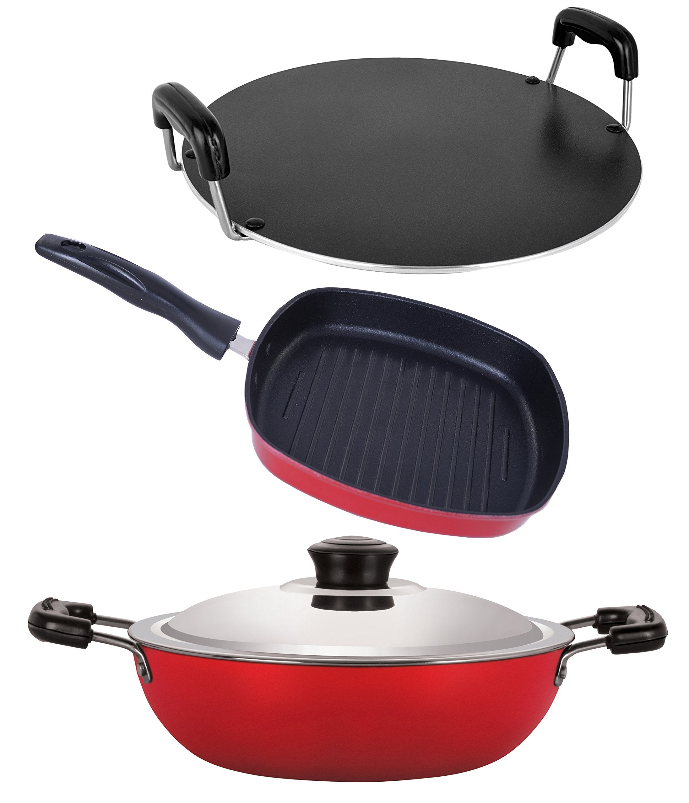 Nirlon NonStick Aluminium Cookware Set, 3Pieces, Red (2.6Mm_Dkd(M)_Gp(24)_Rt)