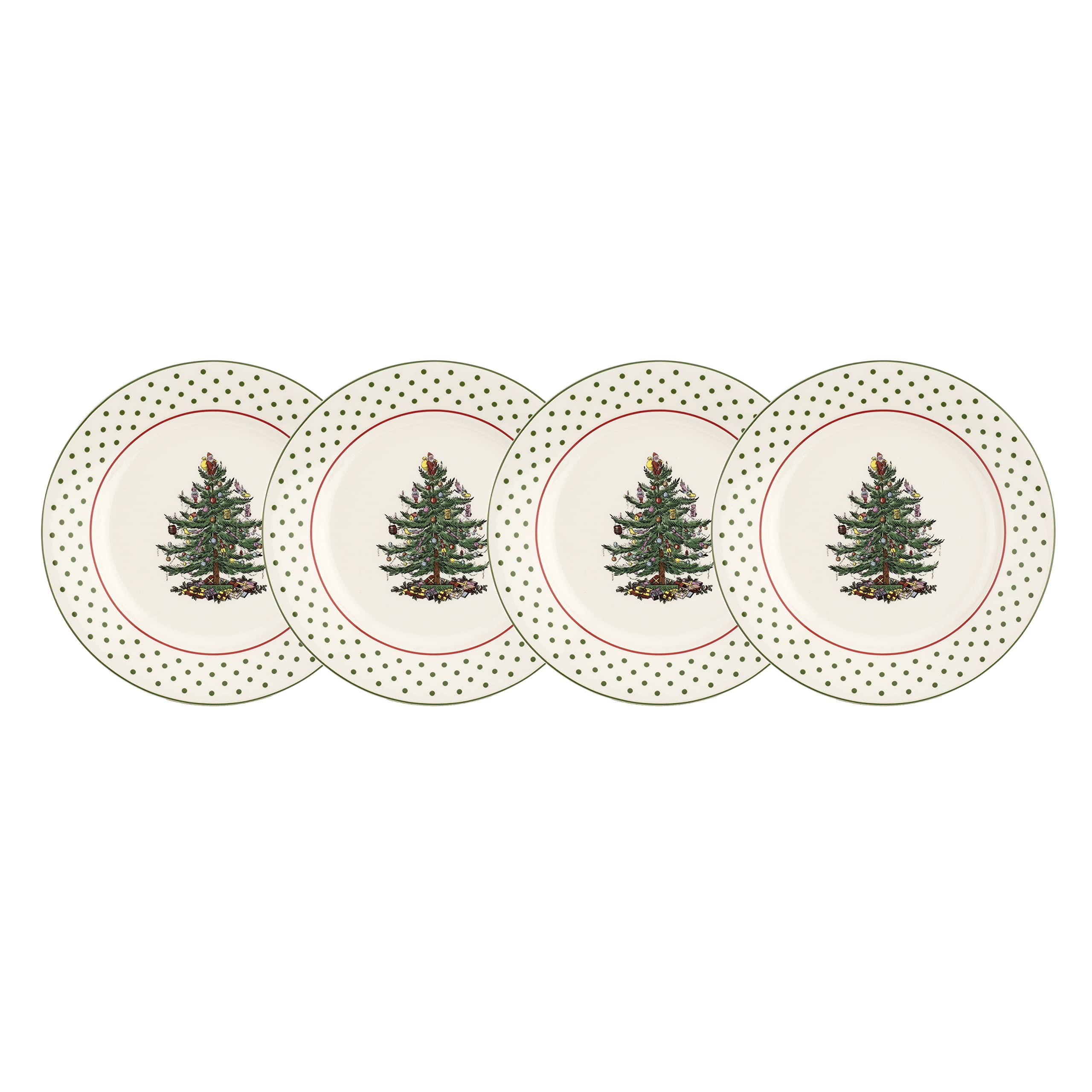 Spode Christmas Tree Polka Dot Dessert Plate (Set of 4) - Festive 8-Inch Stoneware Plates for Holiday Entertaining, Appetizers, 