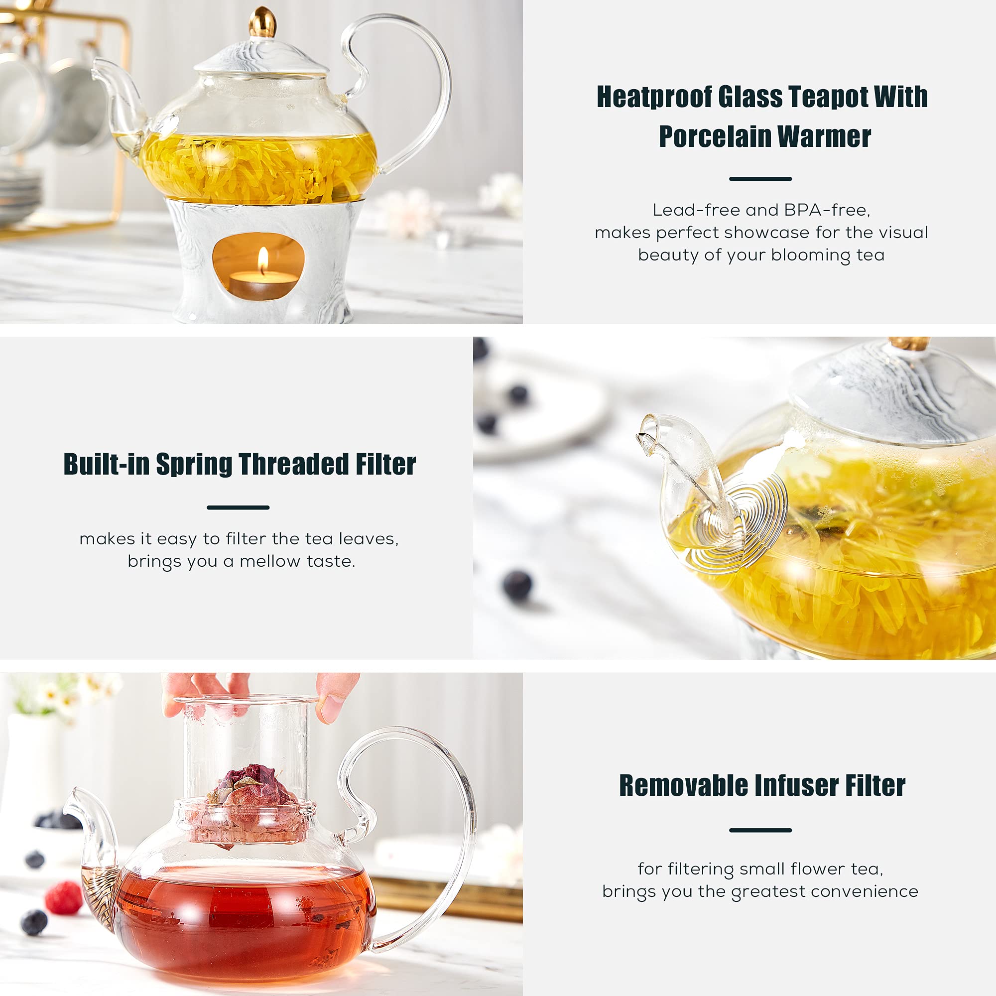 Dujust 21 Pcs Small Tea Set Of 6, Gray Marble Texture With Handcraft Golden Trim, Fine Porcelain Tea Pot Set For Kids&Adults, 1