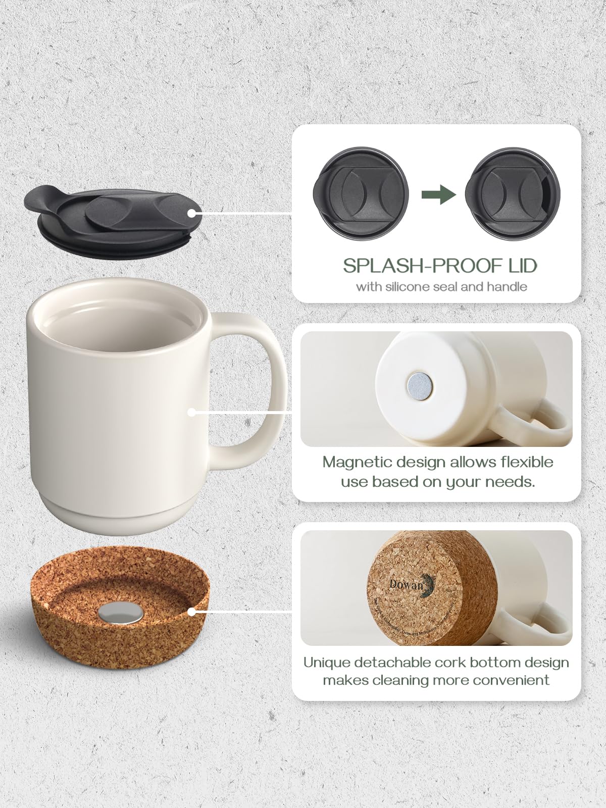 DOWAN Coffee Mugs Set of 2, 15 OZ Ceramic Mug with Cork Bottom and Lid, Large Coffee Mug with Handle, Coffee Mug Ceramic Set,Gif