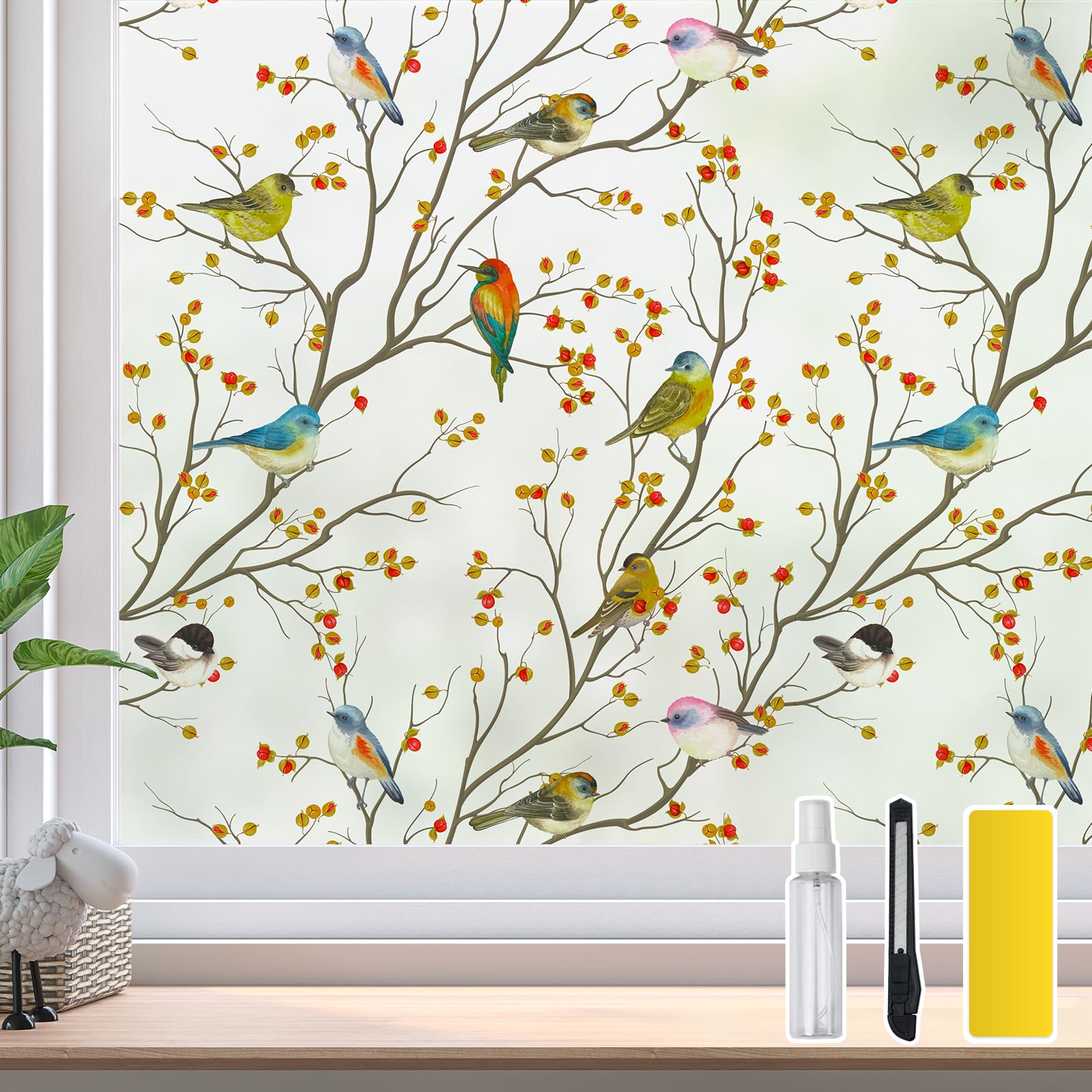 DKTIE Window Privacy Cling Film with Installation Tools, Stained Glass Opaque Non-Adhesive Frosted Bird Coverings Removable for 