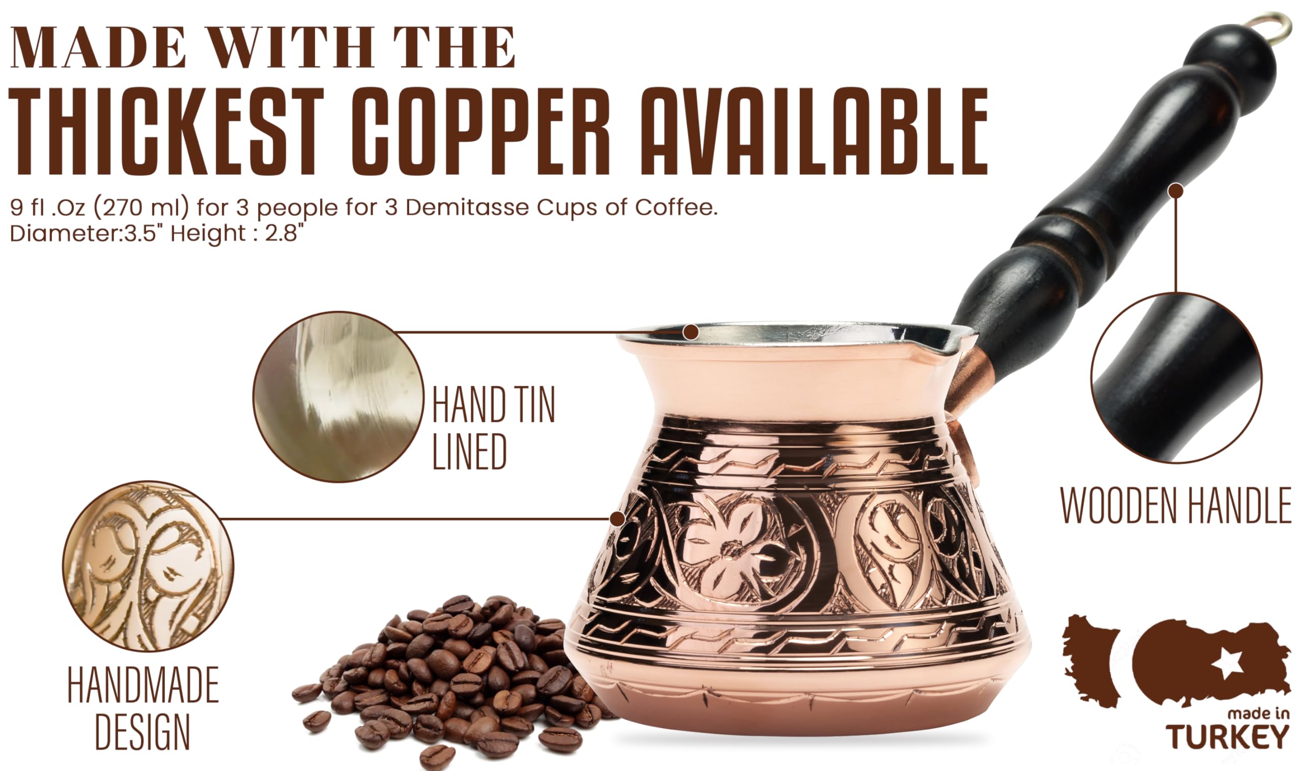 Demmex Thickest Copper Turkish Greek Arabic Coffee Pot, Stovetop Coffee Maker, Cezve Ibrik Briki With Wooden Handle & Wooden Spo