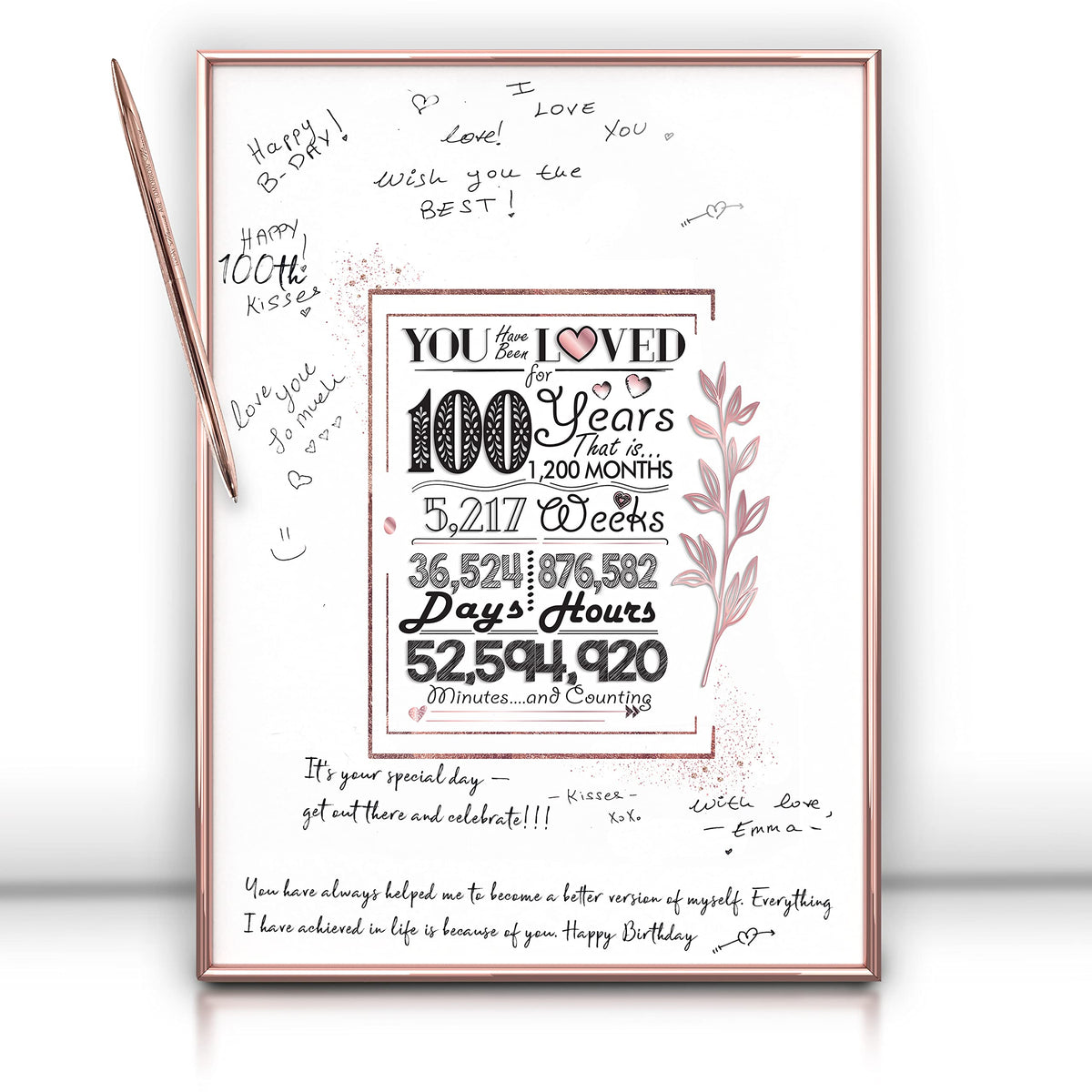 Doubleshoot Rose Gold100Th Birthday Decorations For Womens - 100 Birthday Gifts For Her 12''X16'' Guest Book Sign Poster - Frame