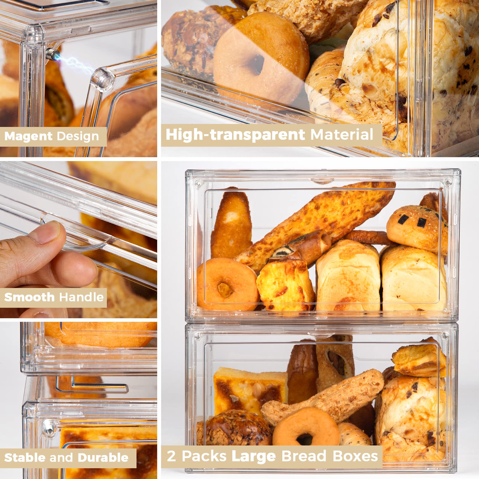 Gropknio 2Pcs Large Bread Box Kitchen Countertop Upgraded - Large Capacity Transparent Bread Rack Storage Box
