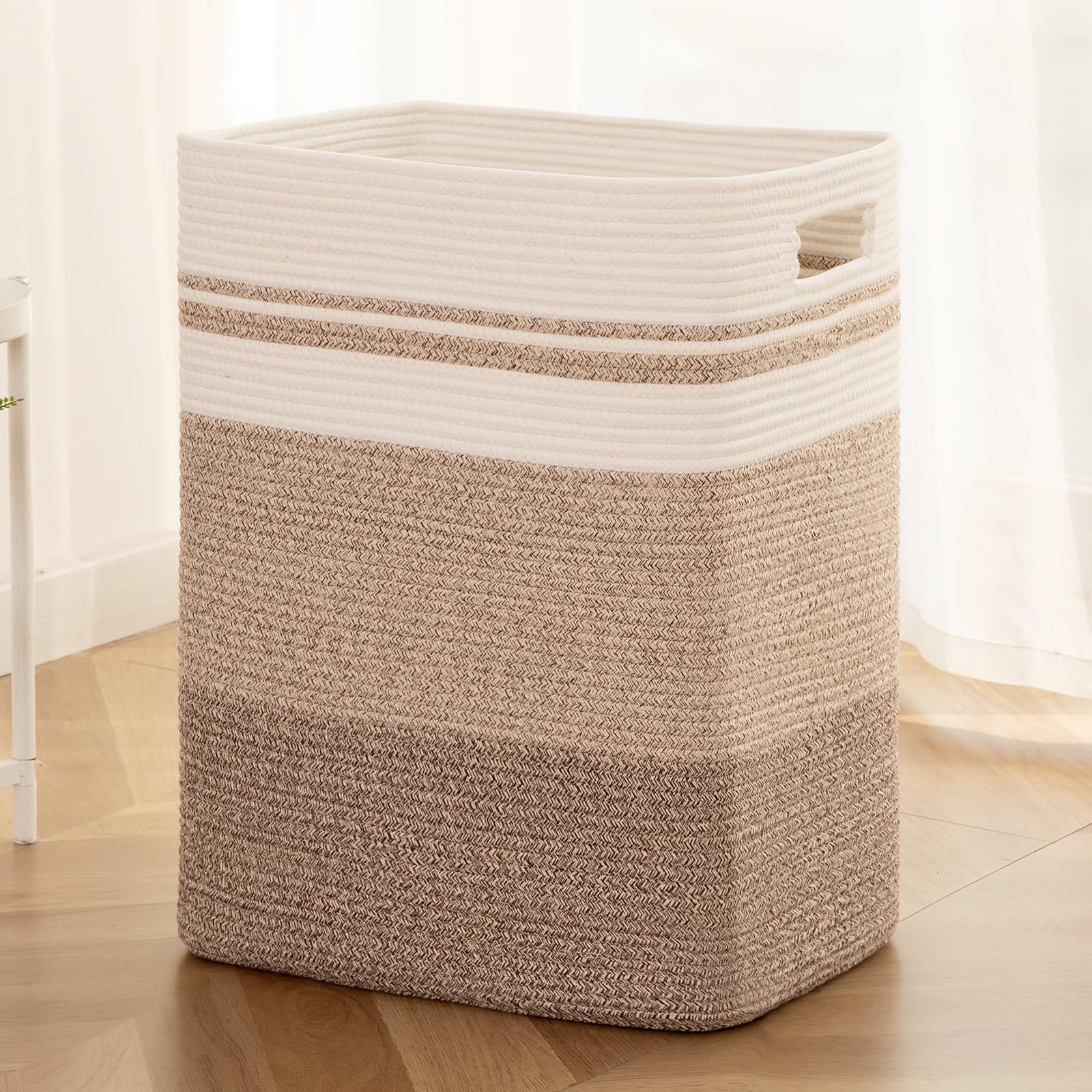Oiahomy Rectangle Laundry Basket, Large Laundry Hamper With Handles, Cotton Blanket Basket For Living Room, Woven Decorative Sto