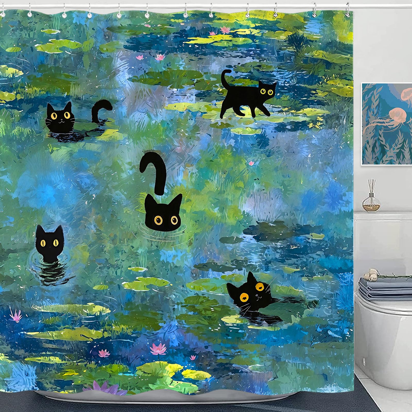 Accnicc Cute Cat Shower Curtain Funny Fun Cool Cats Monet Shower Curtains For Bathroom Water Lilies Waterproof Fabric Bath Curta