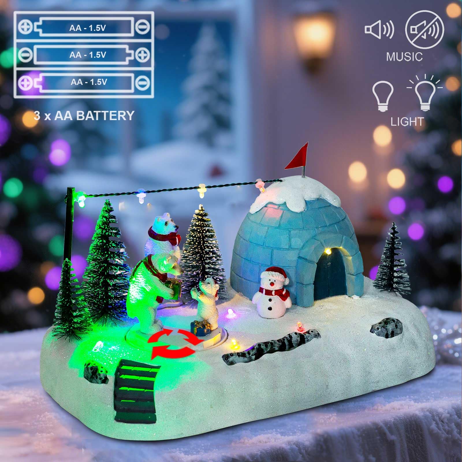 innodept12 Animated Christmas Polar Bear Village Scene - LED Lighted Igloo Winter Diorama with Snowman, Resin Figurines & Rotati