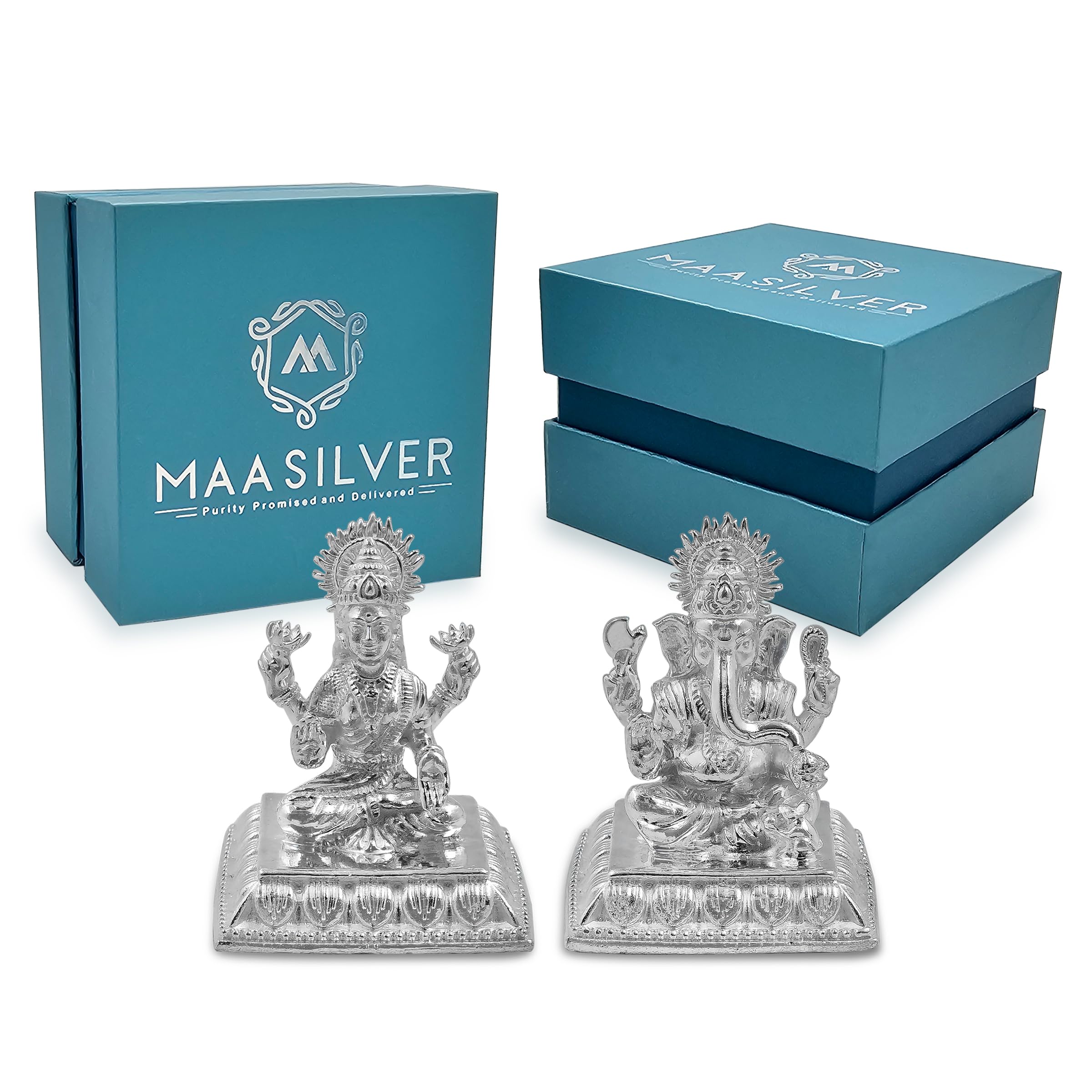 Maa Silver Pure Silver Goddess Lakshmi/Laxmiji & Lord Ganesh/Ganpatiji Solid Idol/Murti With Square Designer Base/Paat Perfect F