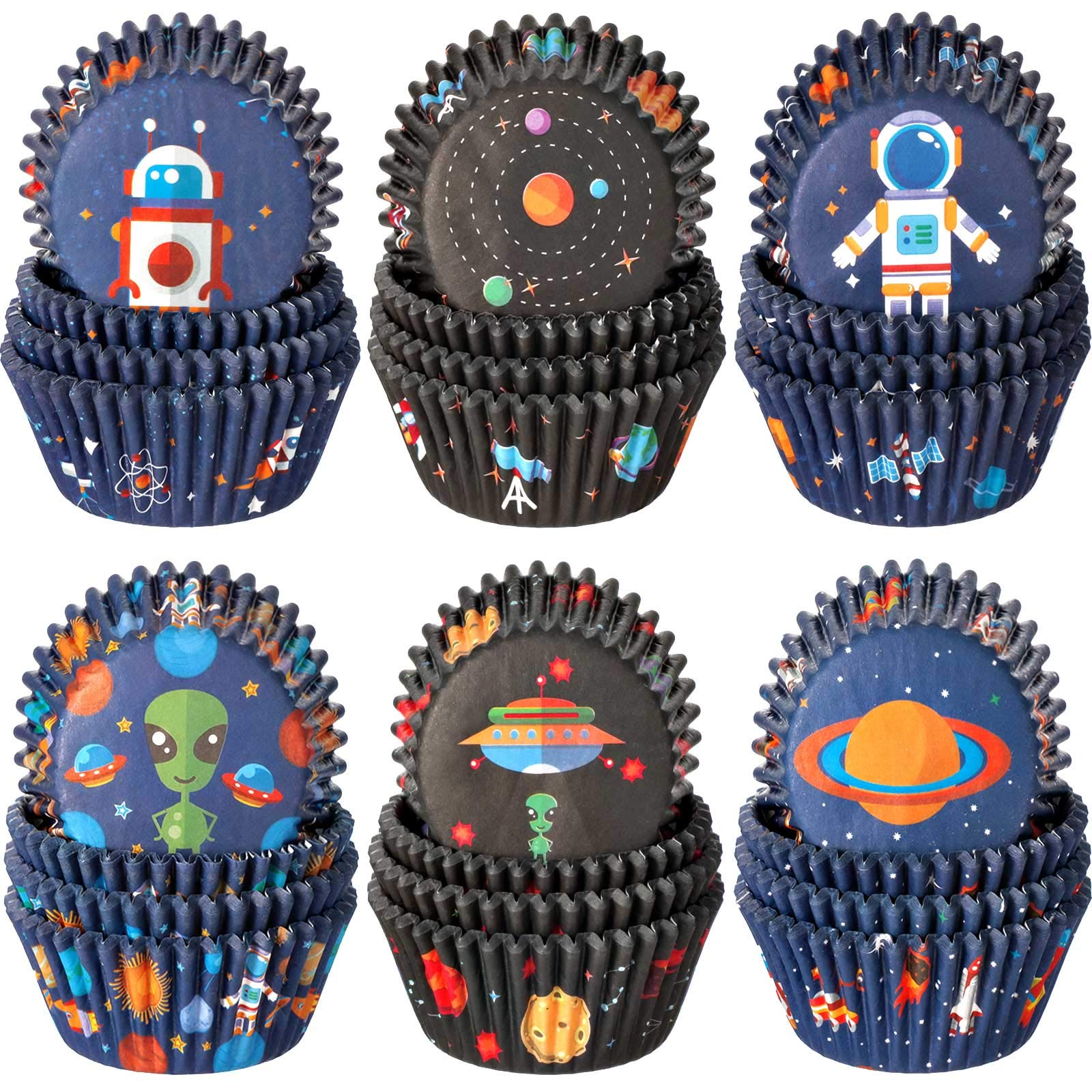 600 Pieces Space Adventure Cupcake Liners Outer Space Planet Rocket Astronaut Baking Cups Cupcake Wrappers Wraps Muffin Case Tra