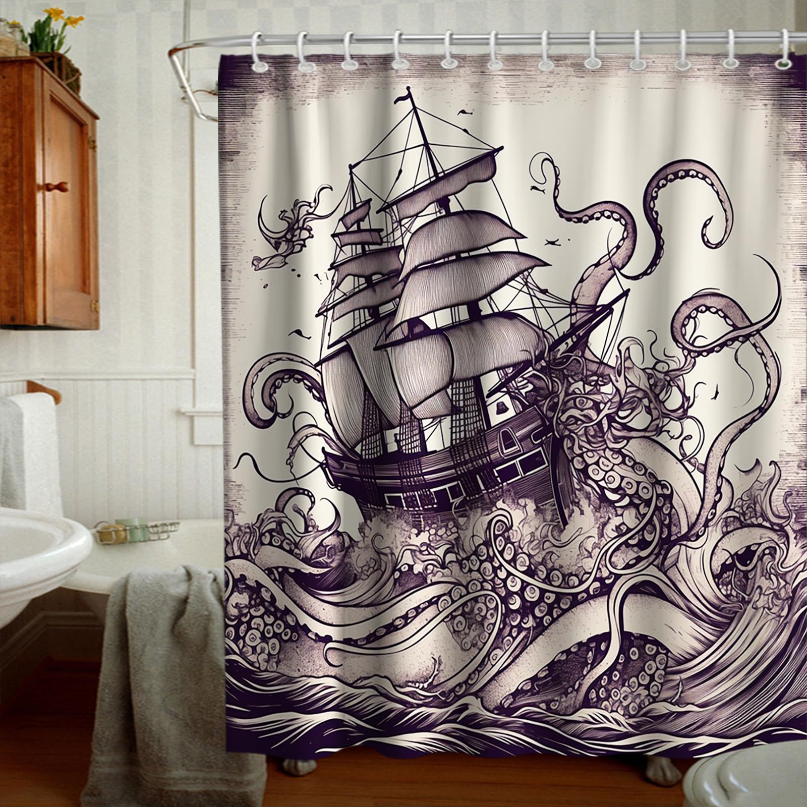Final Friday Nautical Octopus Monster Sailboat Theme Fabric Nautical Shower Curtain Sets Ocean Bathroom Decor With Hooks Waterpr