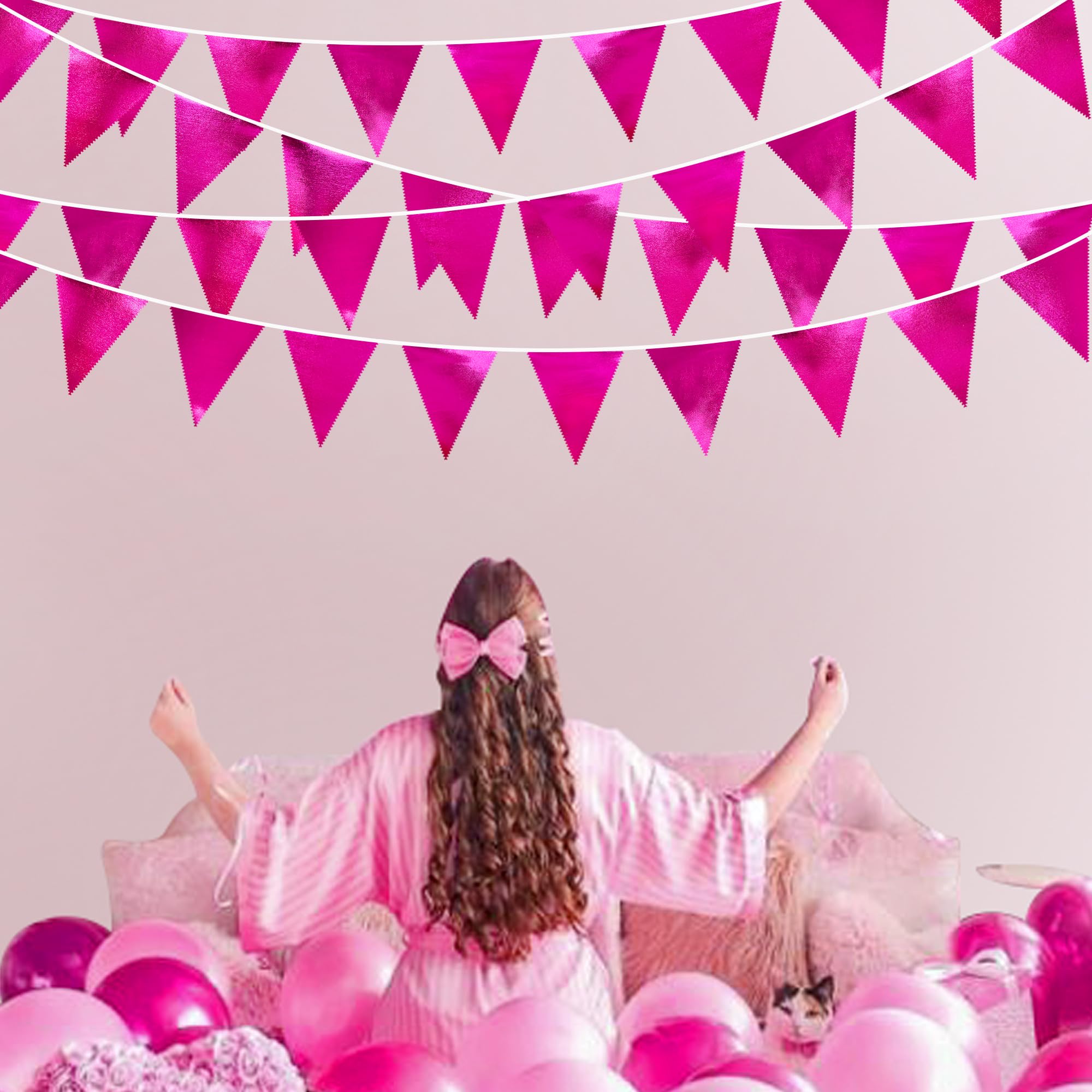 Hot Pink Party Decorations Triangle Pennant Banner Flag Rose Pink Metallic Fabric Bunting Garland For Birthday Bachelorette Wedd