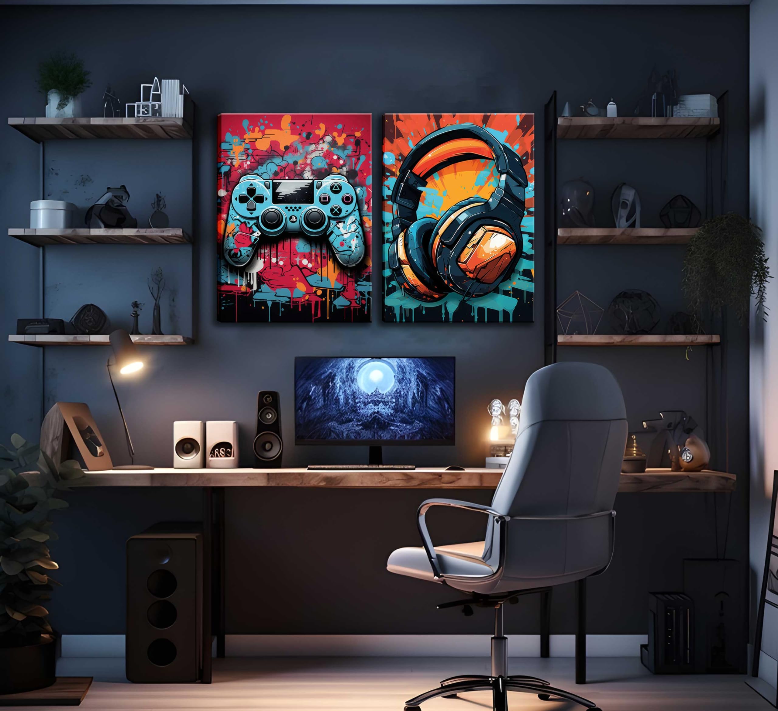 3Pcs Game Wall Art Color Video Game Handle Earphone Graffiti Theme Poster Room Decor Ative Neon Light Poster Prints Picture Chil