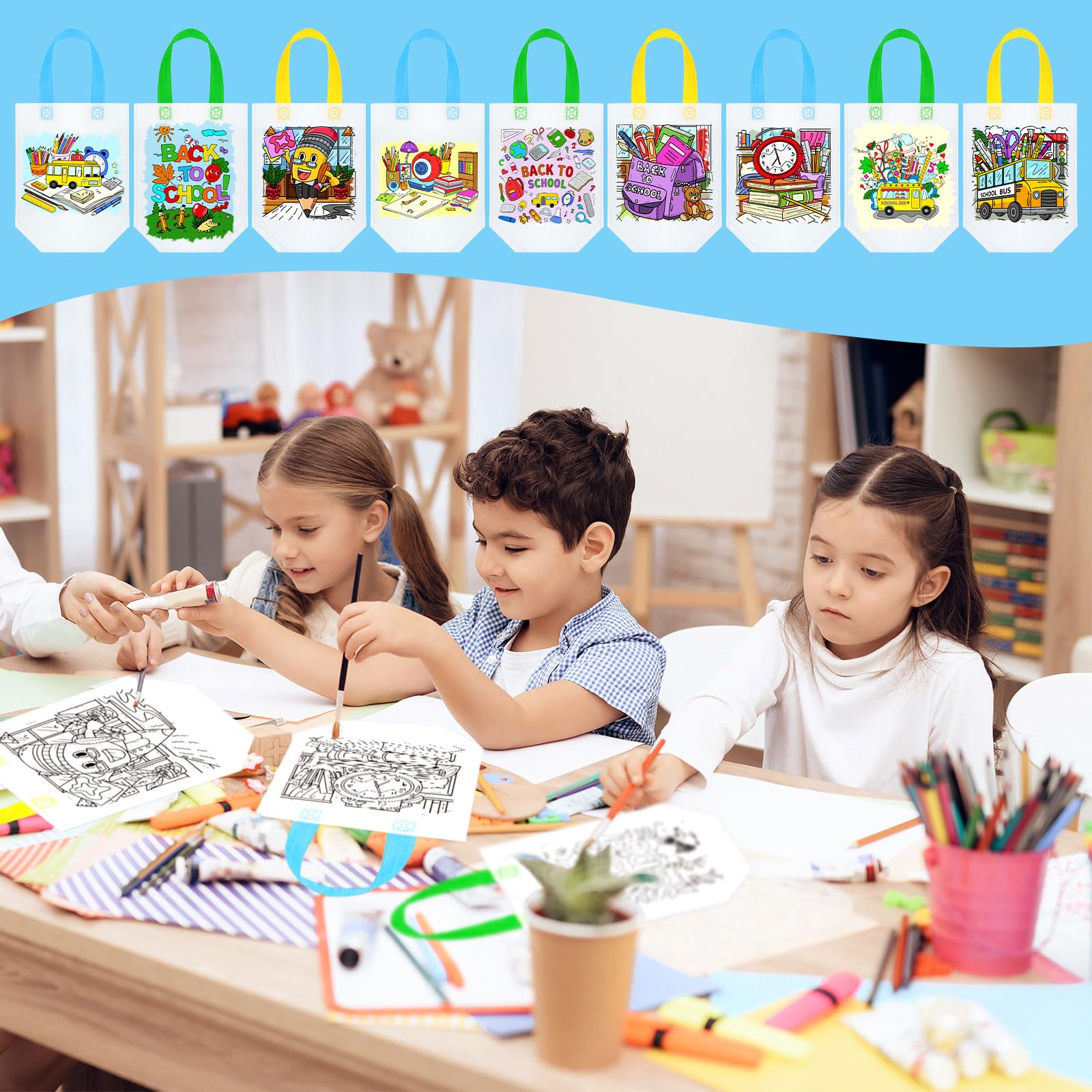Kacctyen 45 Pcs Back To School Coloring Goodie Bags Reusable Back To School Art Party Favor Paint Bags For Kids Farmhouse Theme