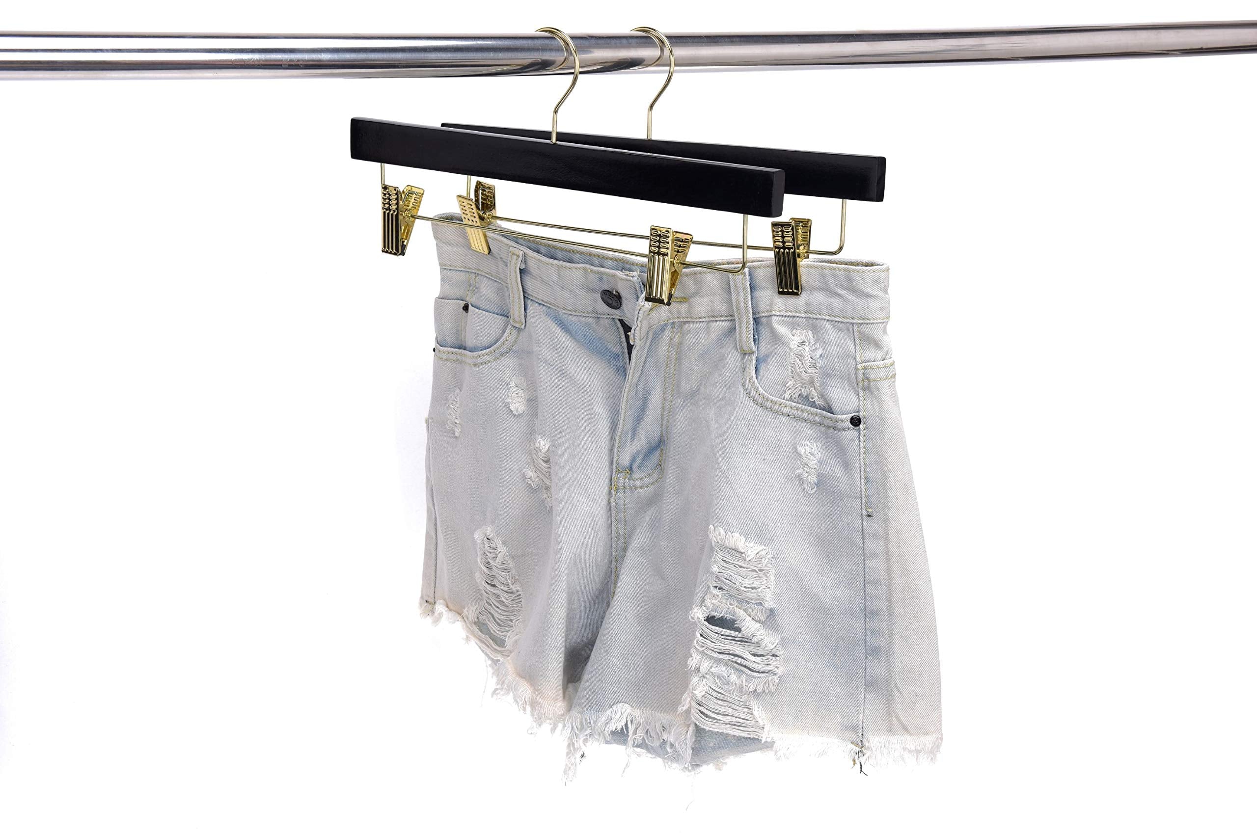 Quality Hangers Black Wooden Pants Hangers - 10-Pack Swivel Hook Cloth Hanger Set - Lotus Wood Skirt, Pant, Shorts And Slack Han