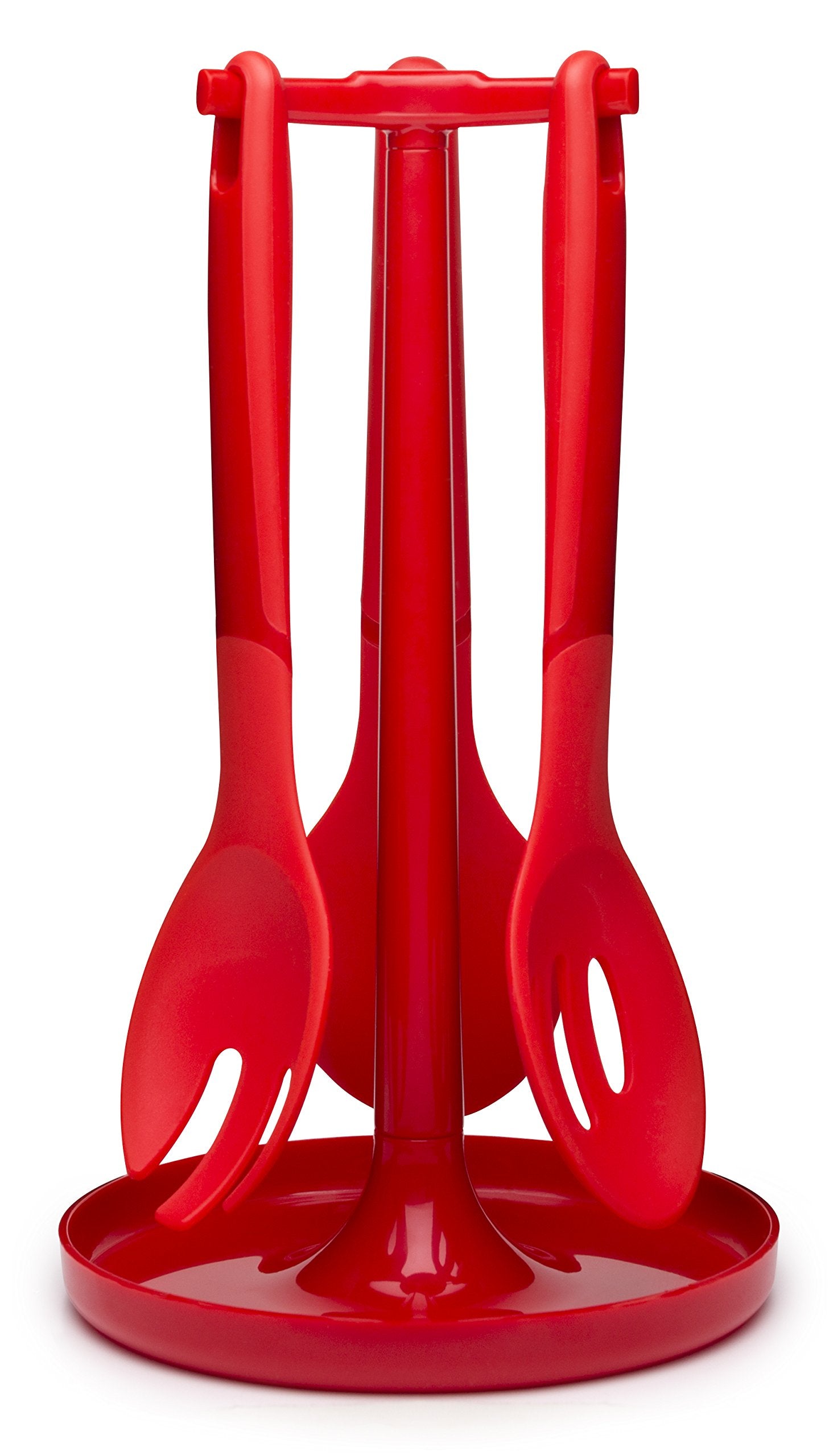 Zak Designs Kitchen to Table Ladle, Slotted Spoon, Pasta Server and Stand, Red