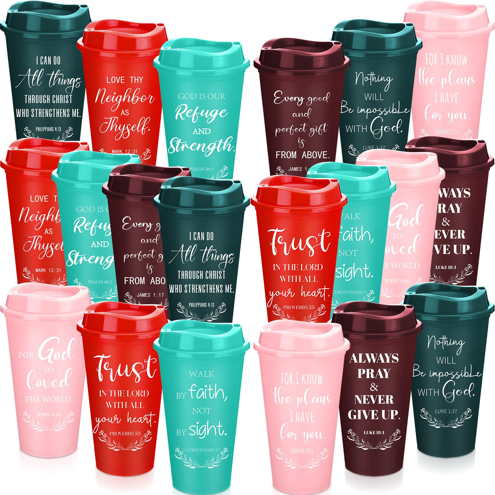 Skylety 40 Pack Christian Gifts for Men Women 16oz Reusable Bible Verse Tumbler Bulk Plastic Coffee Cups with Lids Inspirational