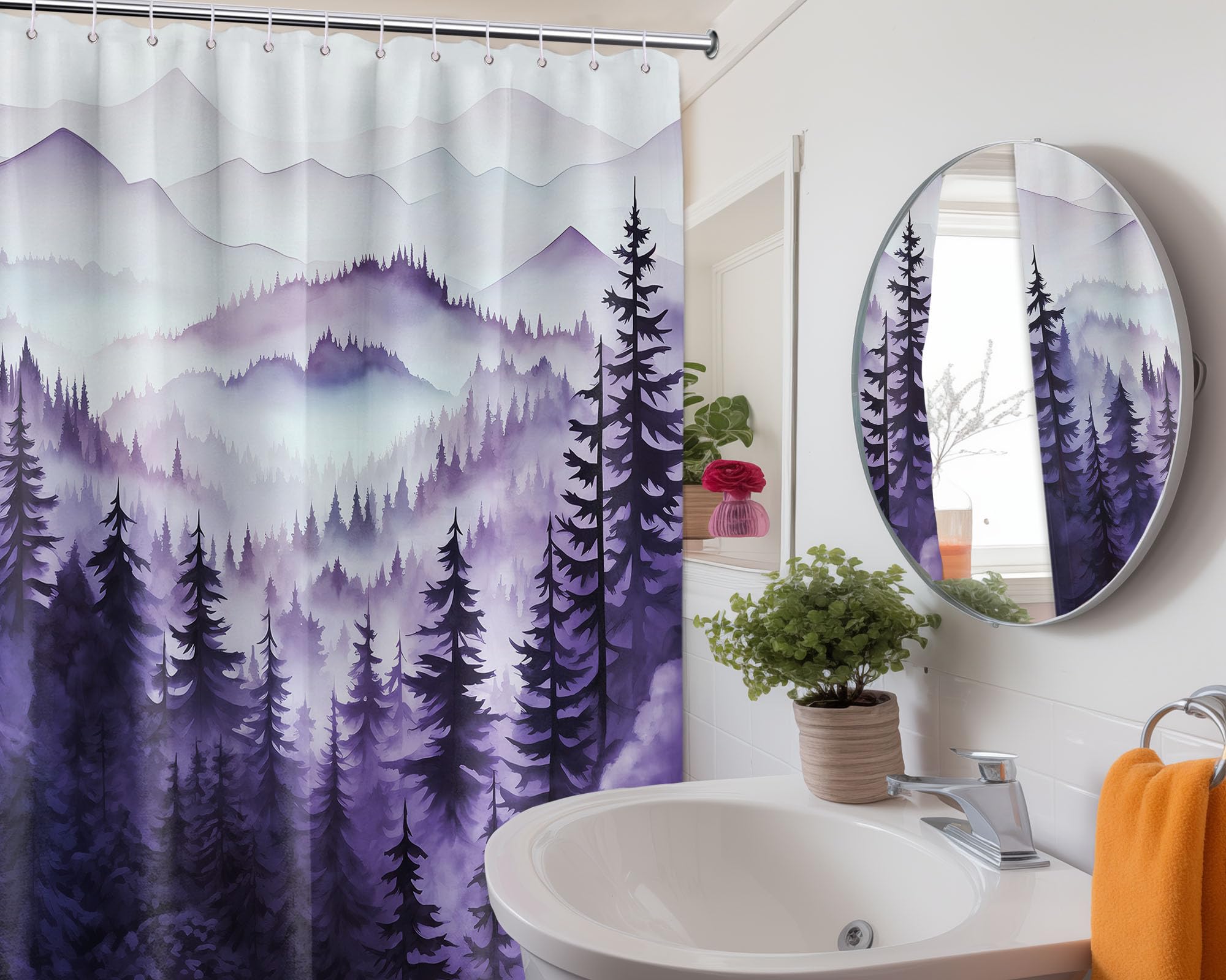 Qghot Mountain Shower Curtain Sets, Dark Purple Shower Curtains For Bathroom, Nature Woodland Forest Waterproof Pine Tree Bathro