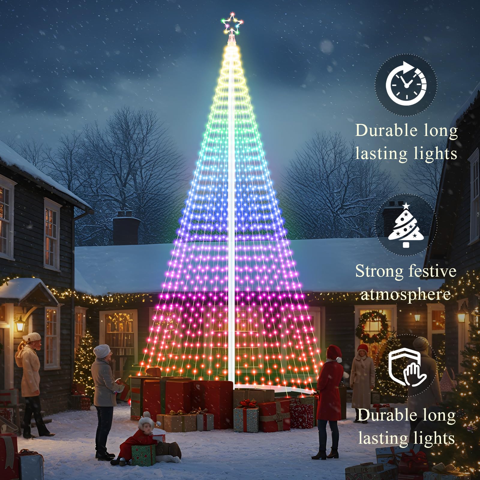 Riakrum 15ft-2167 LED Flagpole Christmas Tree Lights Outdoor Decorations with Star Topper, 8 Lighting Modes Pre-lit LED Flagpole