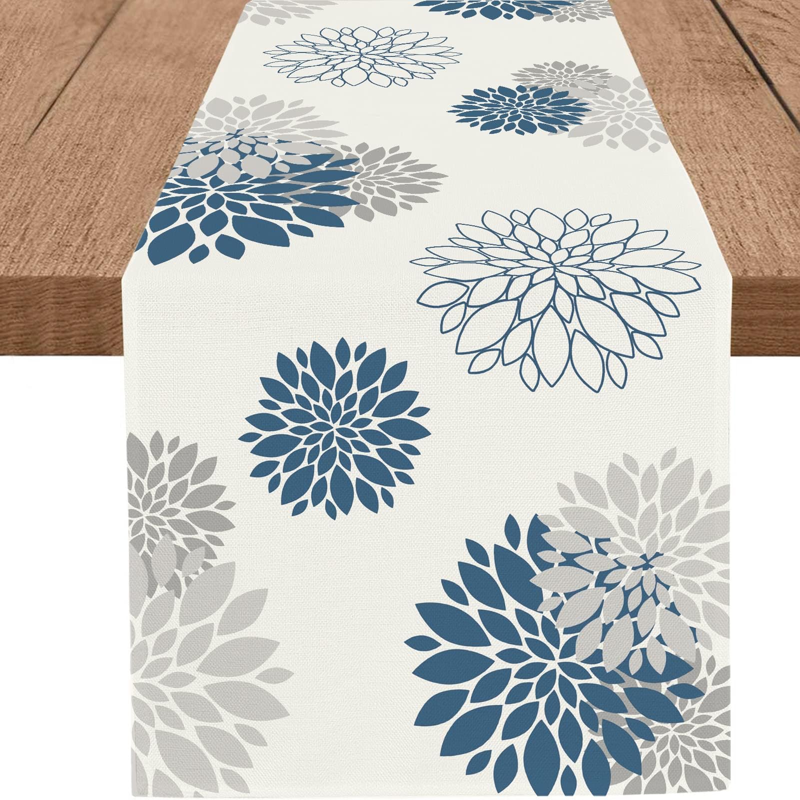 Whomeaf Blue Gray Table Runner Dahlia Pinnata Flower Beige Table Runners Modern Elegant Pompon Farmhouse Geometric Table Center