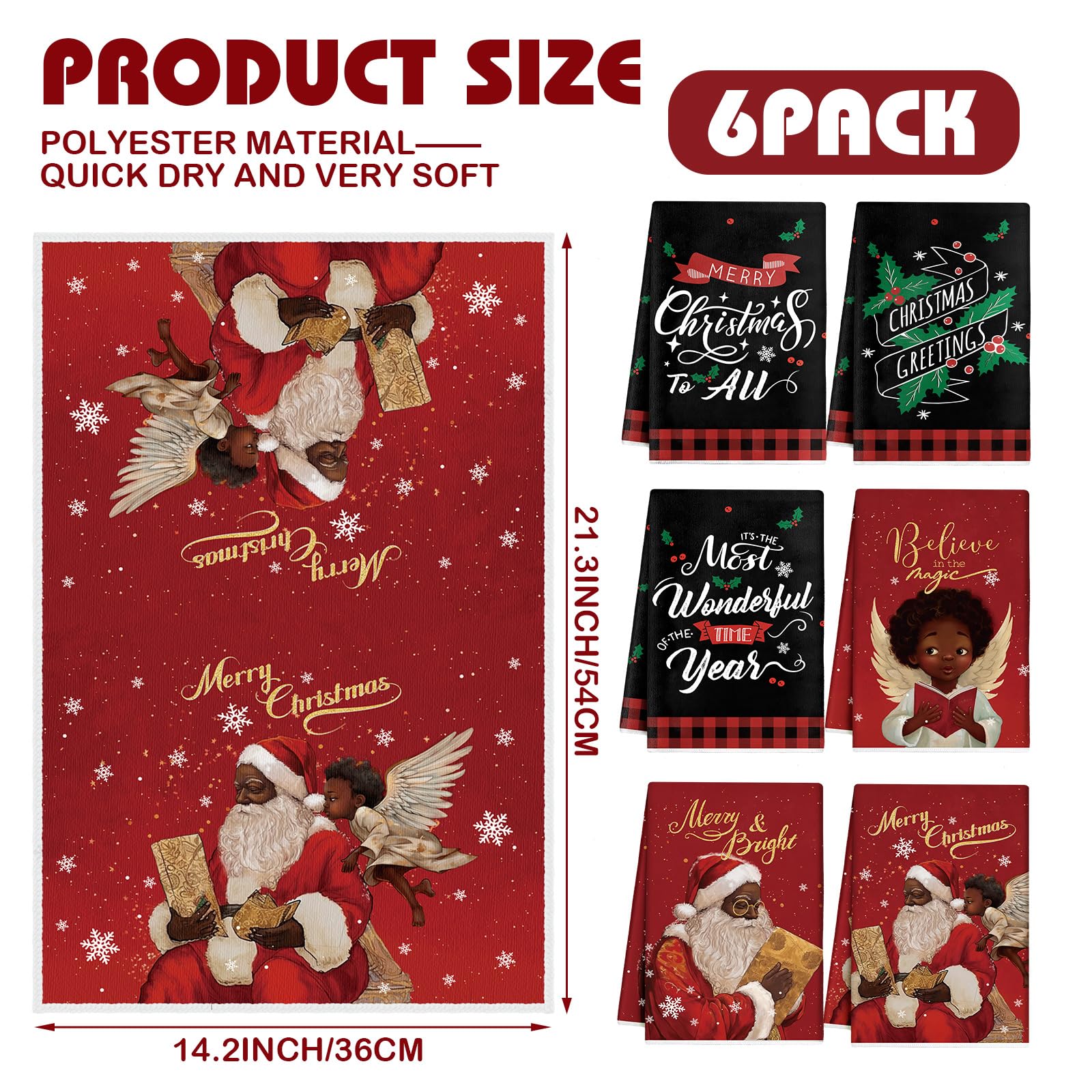 Hosuly 6 Pcs Christmas Kitchen Towels African American Black Santa Dish Clothes Xmas Black and Red Hand Towels Santa Angel Holly