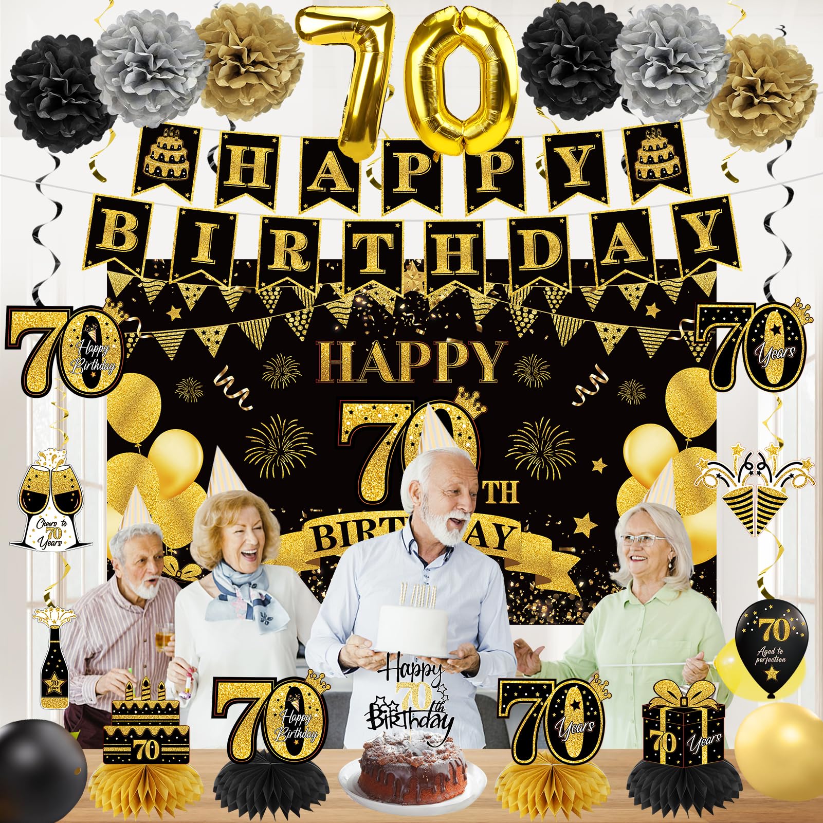 Eucutur 42Pcs 70Th Birthday Decoration Kit For Men Women, Black Gold Happy 70Th Bday Banner Balloons Honeycomb Centerpiece Swirl