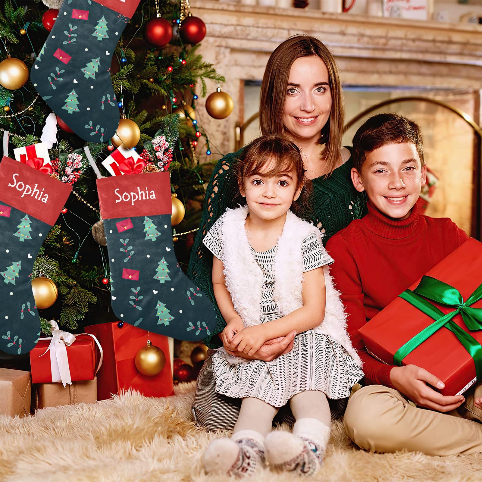 Christmas Tree Dark Green Personalized Christmas Stockings with Name Custom Xmas Gift Fleece Holiday Decoration Gift 17.52 x 7.8