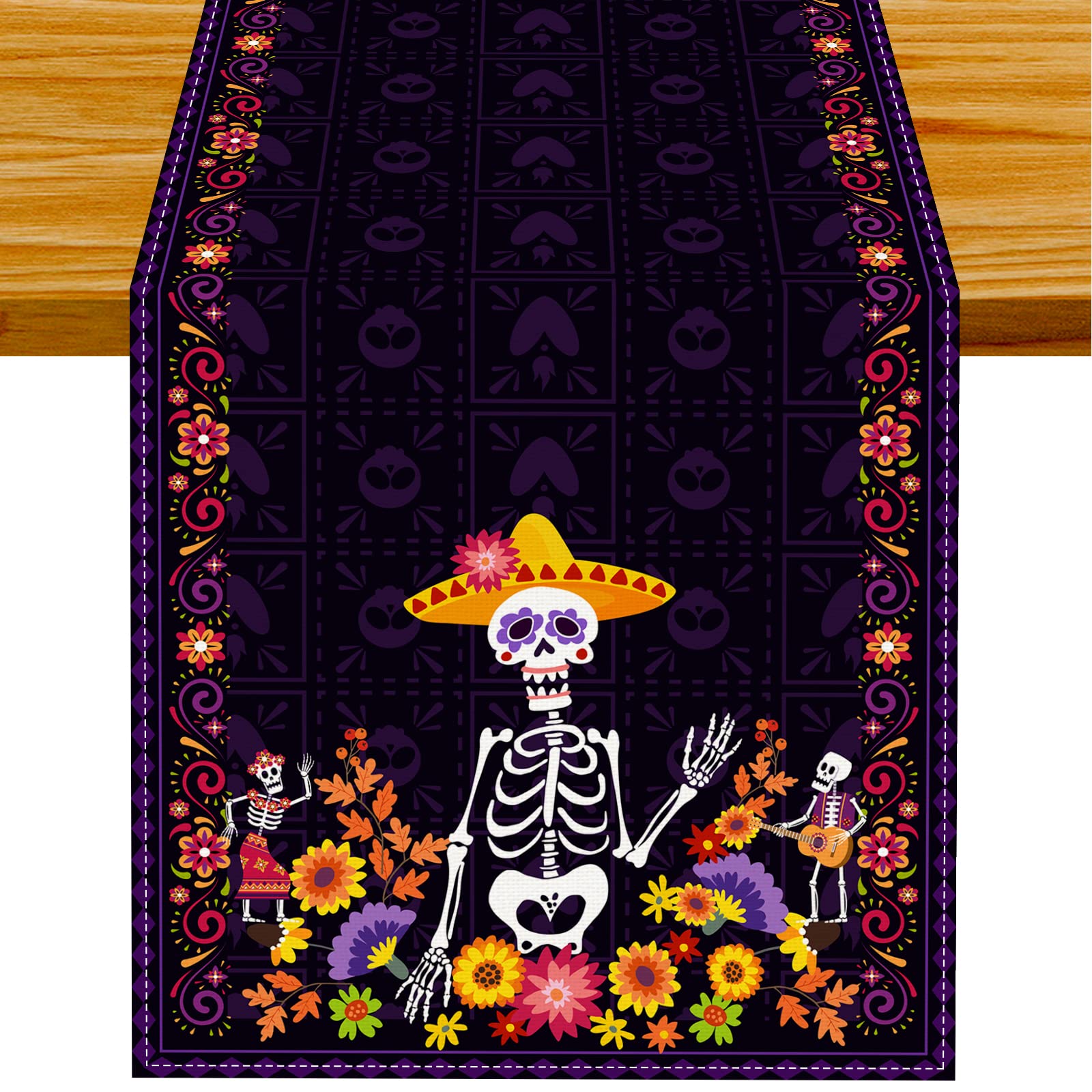 Linen Purple Day Of The Dead Table Runner Dia De Los Muertos Tablecloth Mexican Halloween Sugar Skull Home Kitchen Dining Table