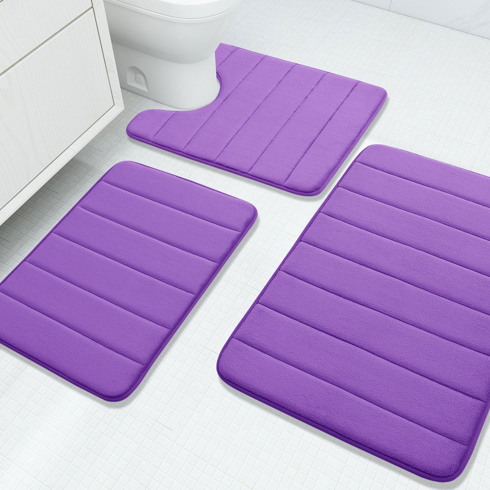 Buganda Memory Foam 3 Pieces Bathroom Rugs Set - Thick Soft Absorbent Non-Slip Bath Mats, Washable Small/Large/Contour Bath Rugs
