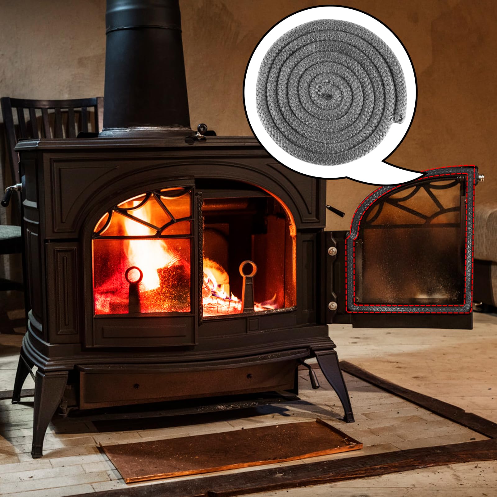 Komokeru Wood Stove Gasket - Heat Resistant Fiberglass Rope Seal, 3/4" x 98" for Woodburning Stoves and Fireplaces
