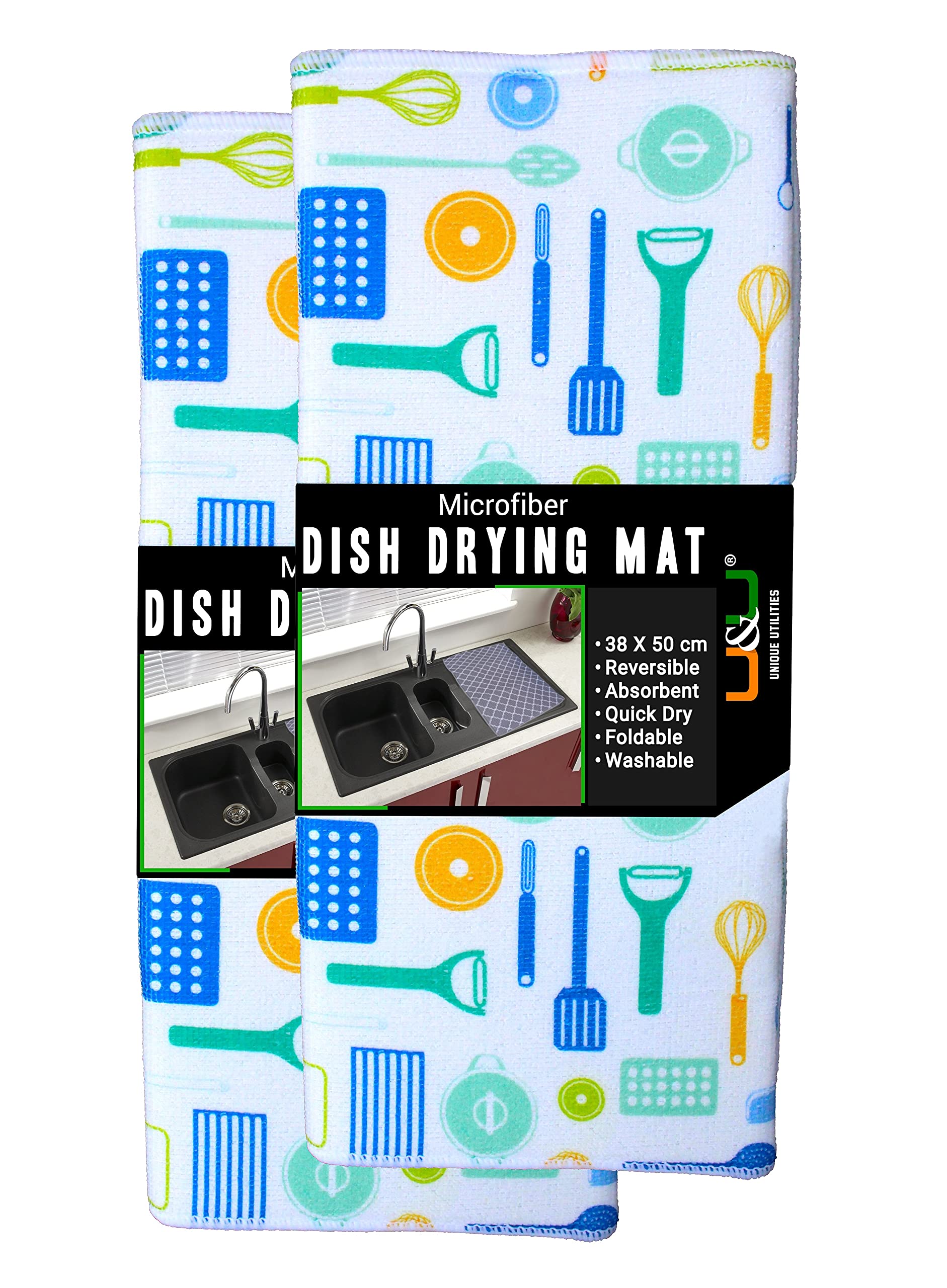 U & U UNIQUE UTILITIES Microfiber Dish Drying Kitchen Mat, 38x50 cm Gsm (White, Pack of 2)