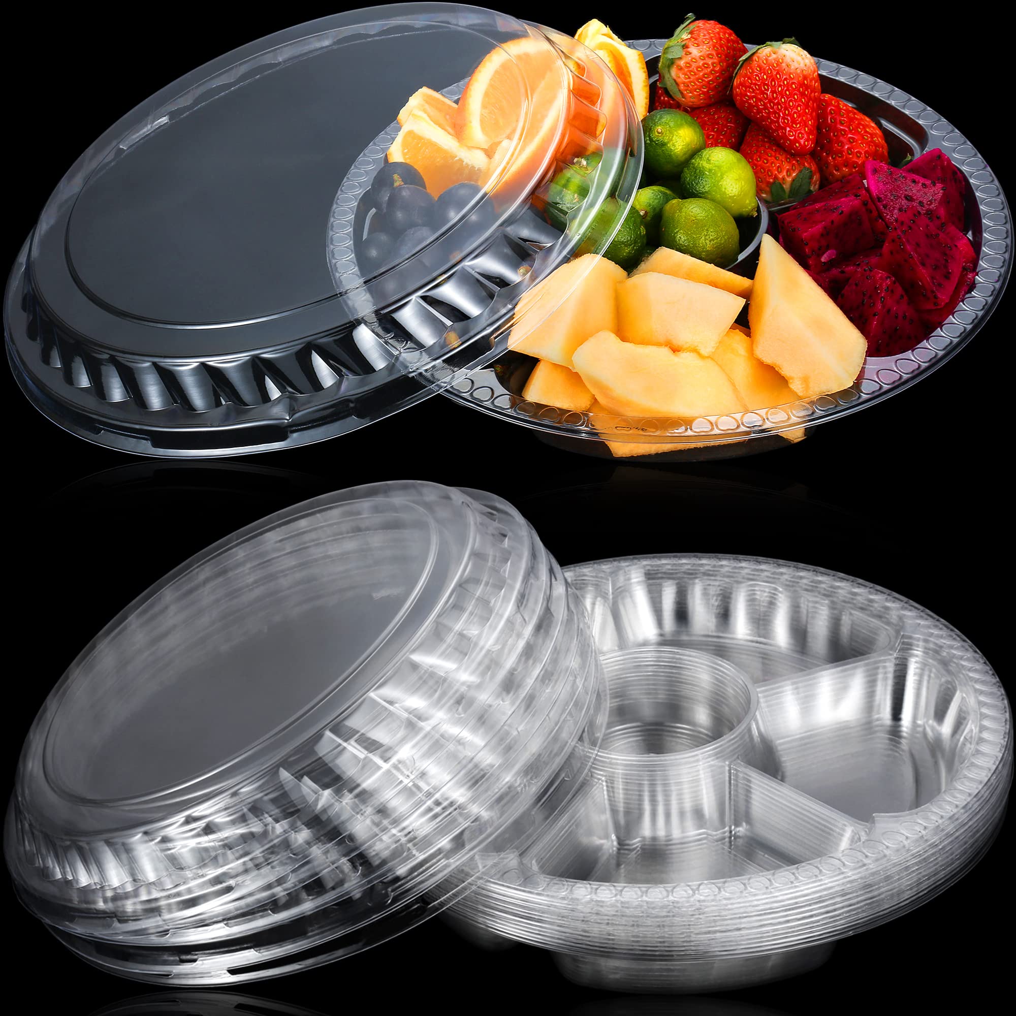 12 Pack Round Plastic Veggie Tray With Lid Fruit Tray 6 Divided Compartment Container Food Serving Dip Platter Reusable Catering