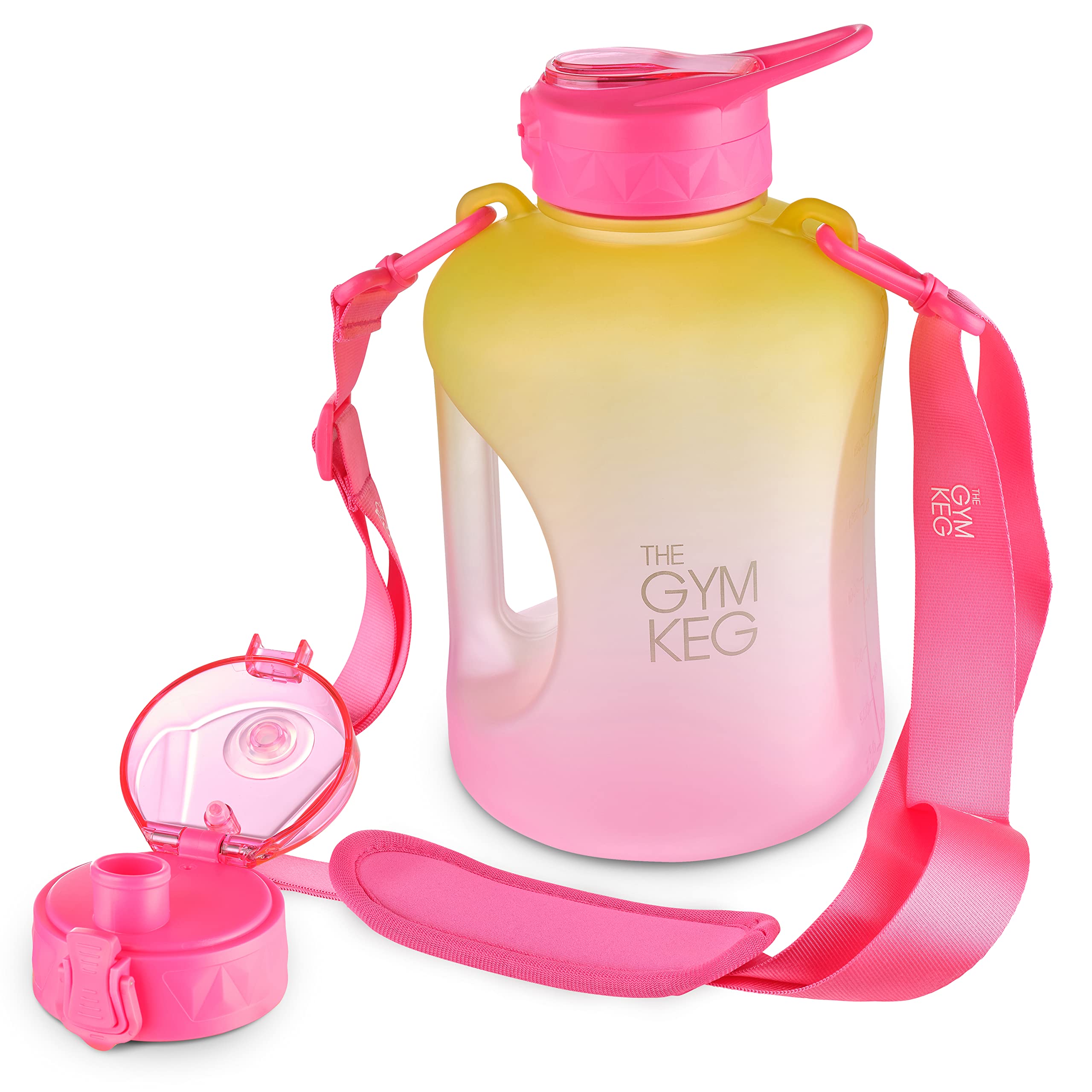 THE GYM KEG Half Gallon Water Bottle (74oz)  Gym Bottle with Straw Lid  Carry Strap Motivational Time Markings  Sport Water Bottles with Times to Drink  Large Reusable Bottle  Leakproof & BPA-free