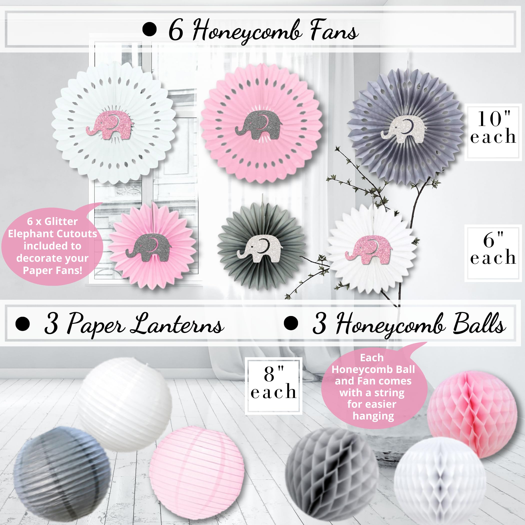 697 Pc Premium Elephant Baby Shower Decorations For Girl Set It'S A Girl Banners, Napkins, Straws, Guest Book, Paper Lanterns, H