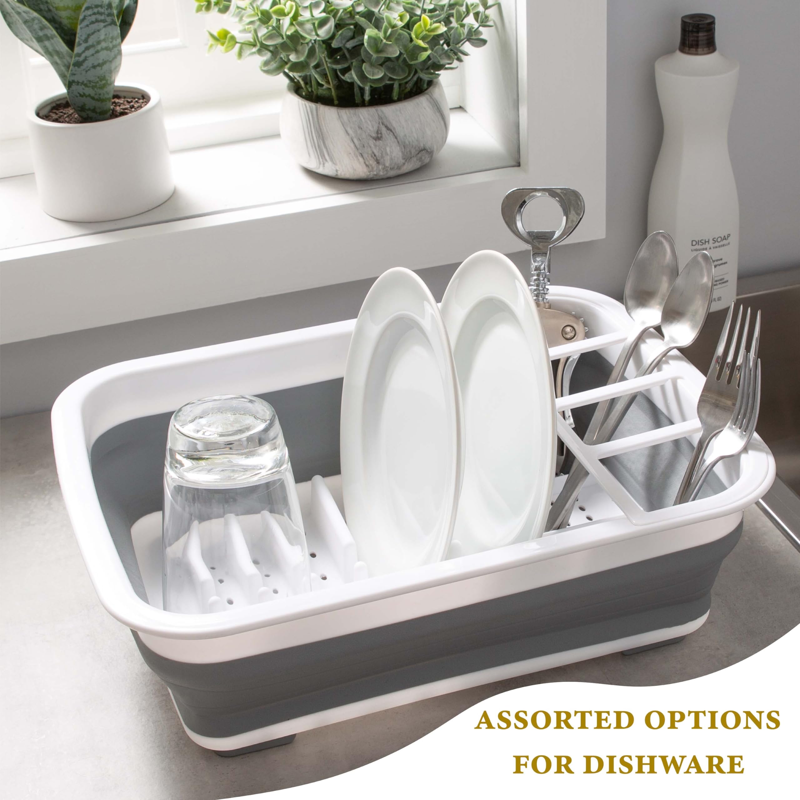 Kitchen Details Collapsible Dish Drying Rack | Space Saver | Aerated Bases Drain Holes | Plates, Bowls, Utensils Compartments |