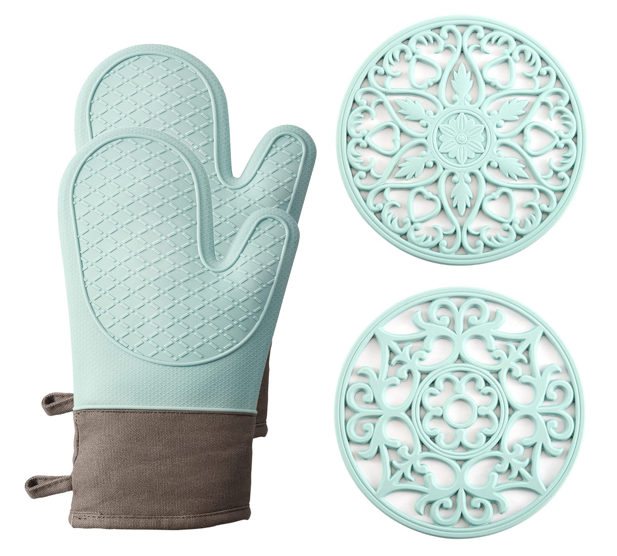 Domonic Home Oven Mitts And Pot Holders Sets, Silicone Heat Resistant 600F, Soft Lining Good Grip, Oven Gloves And Trivet Mats 4