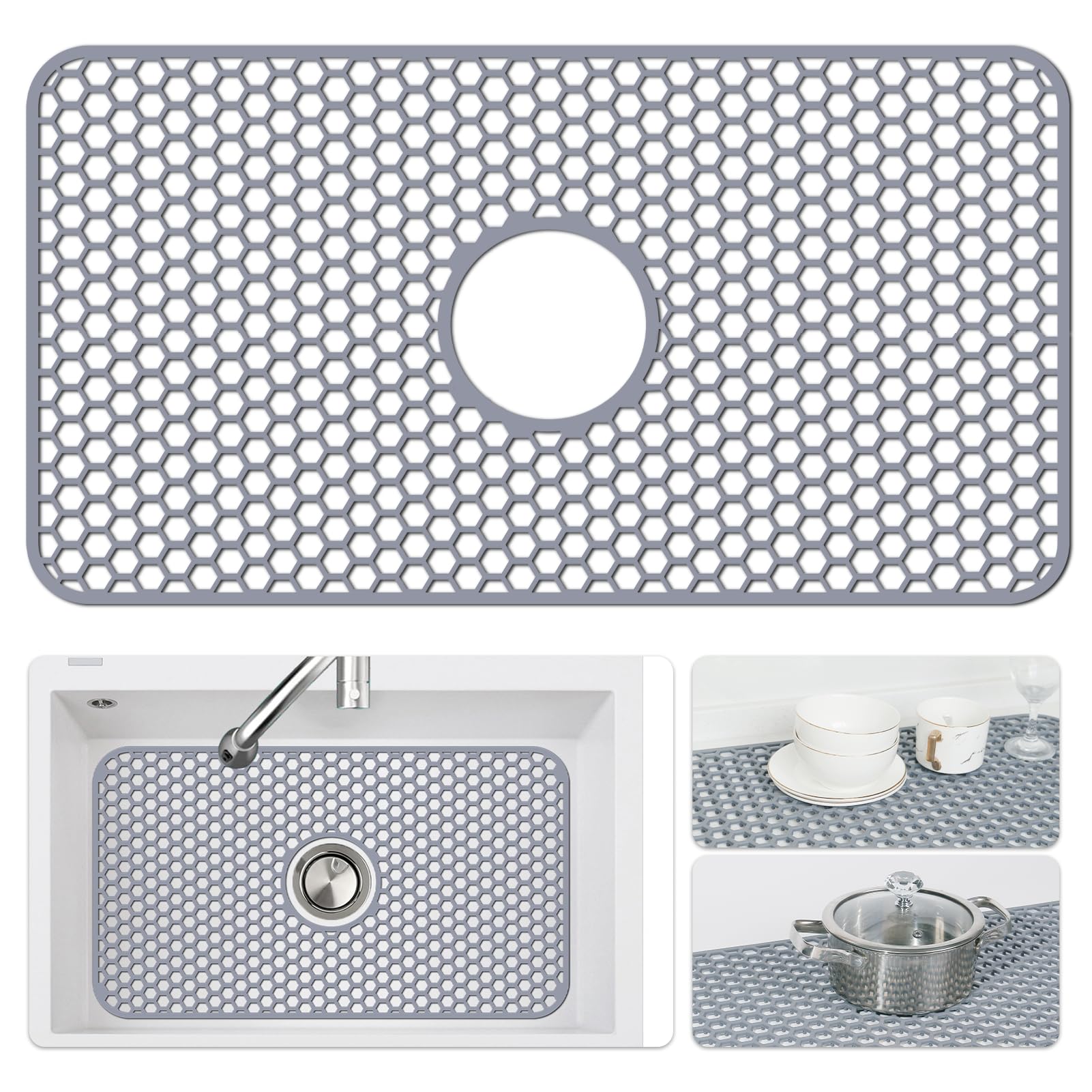 Bestjing Silicone Sink Mat - Protectors for Kitchen Sink with Center Drain, 26x 14 Kitchen Grid Accessory, Non-Slip Heat-Resista