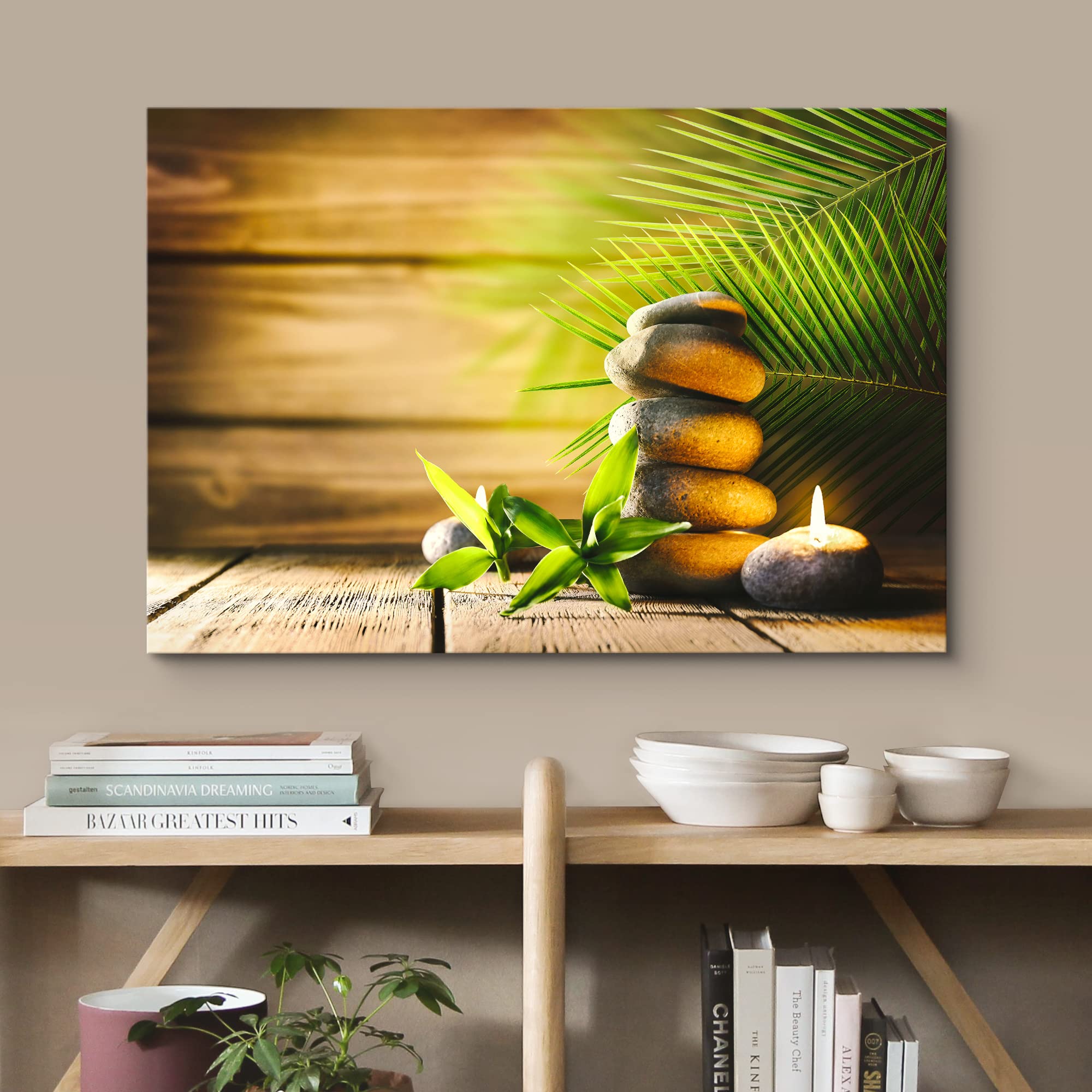 Wall26 Canvas Print Wall Art Wood Panel Zen Palm Leaf Meditation Candle Massage Stones Nature Wilderness Photography Realism Lan