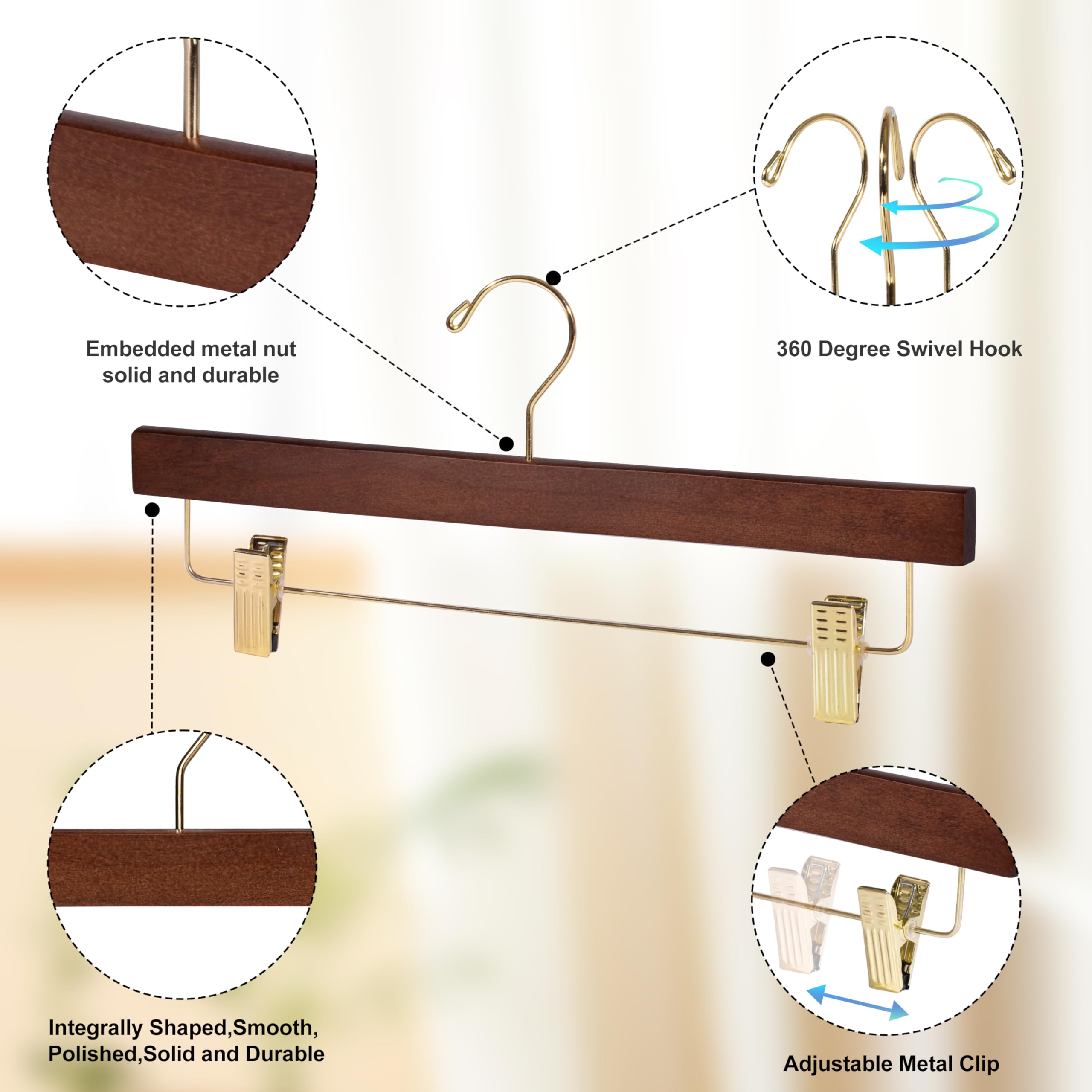 Quality Wooden Pants Hangers Skirt Hanger Jeans Hanger Bottom Hanger  Swivel Hook  Adjustable Clips (Walnut - Gold Hook  10)