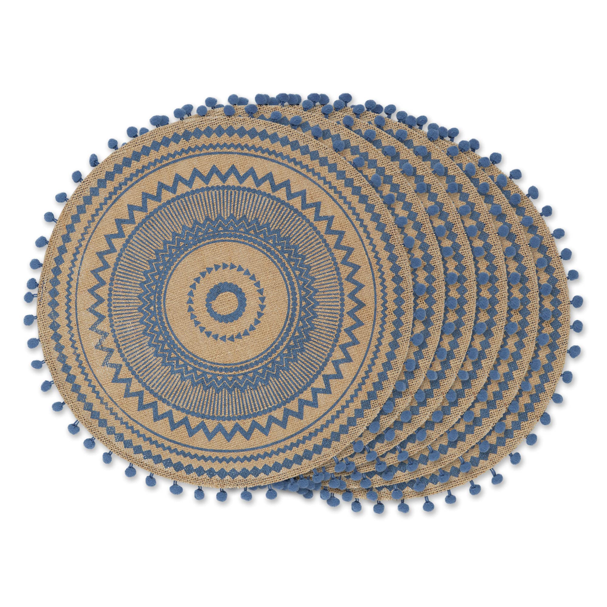 Dii Woven Tabletop Collection Natural Jute, Placemat Set, 15'' Round, French Blue Aztec Print, 6 Piece