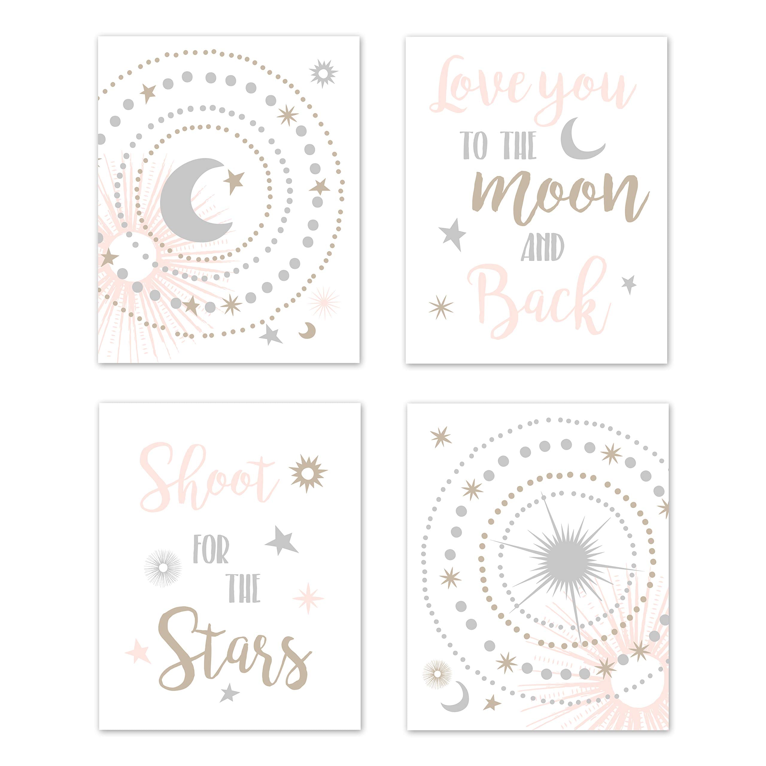 Sweet Jojo Designs Blush Pink, Gold, Grey And White Star And Moon Wall Art Prints Room Decor For Baby, Nursery, And Kids For Cel
