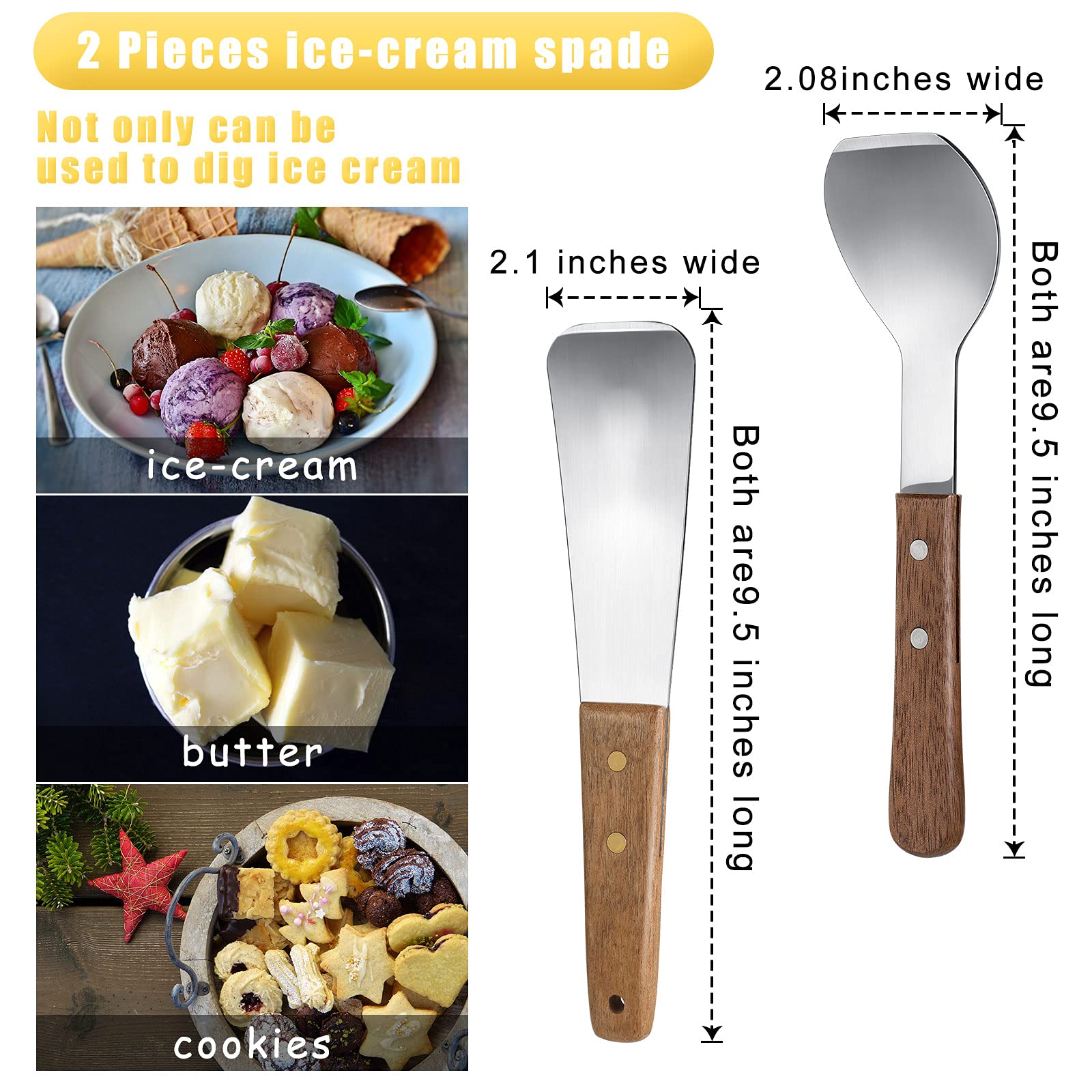 2 Pieces Ice Cream Scoop Stainless Steel Ice Cream Shovel With Wooden Handle Dessert Spade Butter Cutter Flat Ice Cream Metal Sp