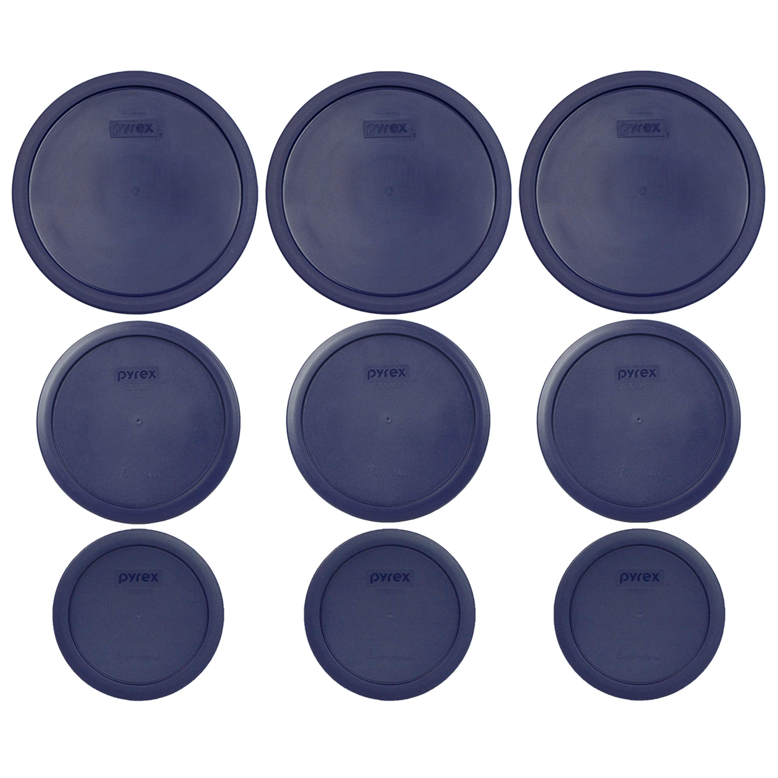 Pyrex (3) 7403-Pc 10 Cup, (3) 7402-Pc 6/7 Cup, (3) 7201-Pc 4 Cup Blue Round Replacement Food Storage Lids, Made In Usa