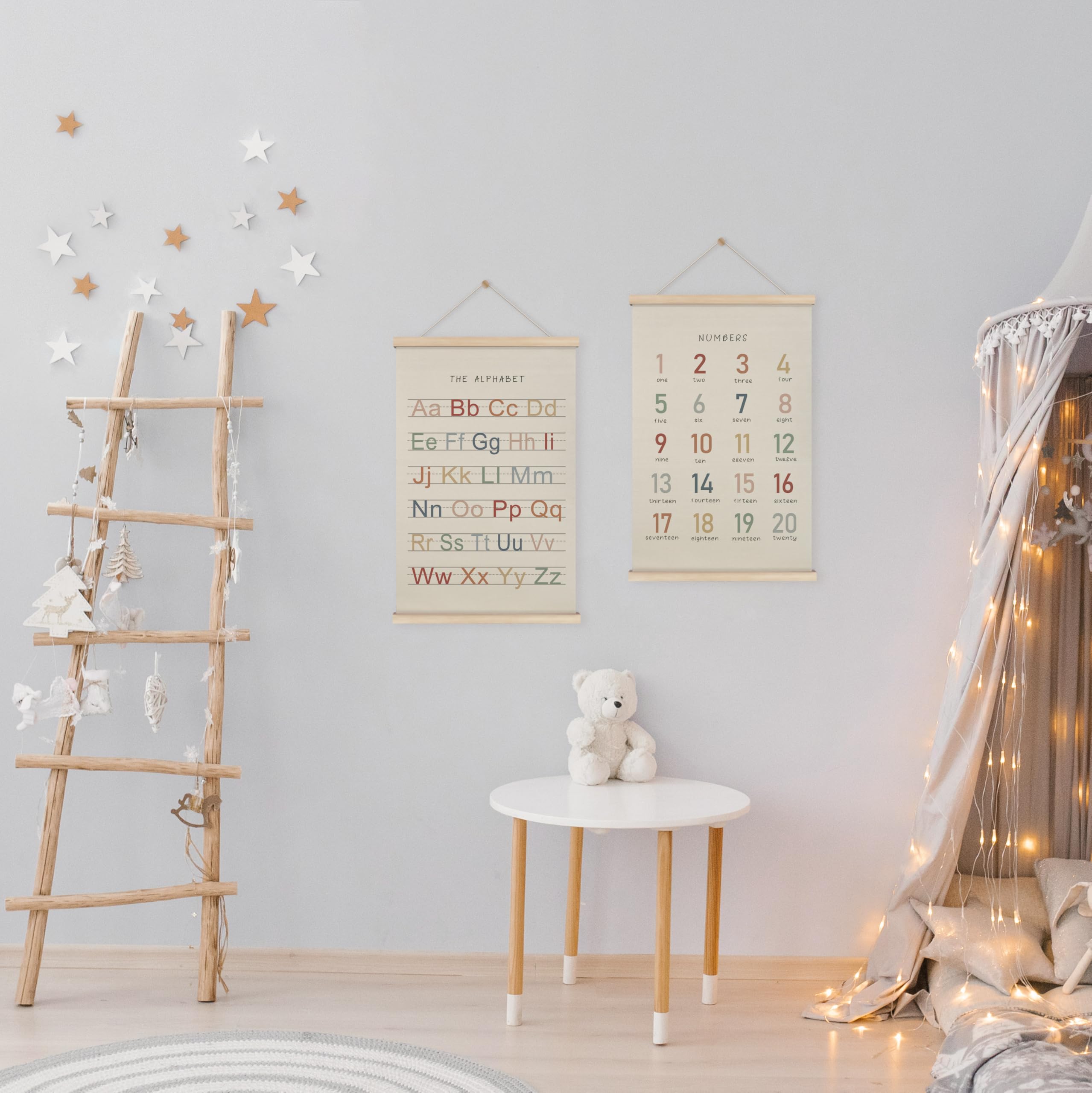 Hrqko Alphabet Numbers Poster Hanger Frame Set Of 2, Nursery Wall Decor, Boho Abc Poster Wall Art With Wooden Frames, Alphabet B